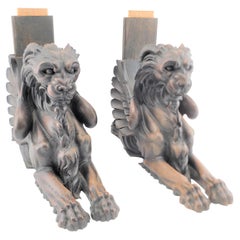 Pair of Antique Salvaged Architectural Carved Wooden Lion Sculptures or Brackets