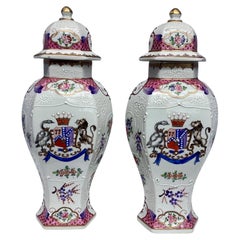 Pair of Antique Samson "Chinese Export" Armorial Porcelain Covered Vases