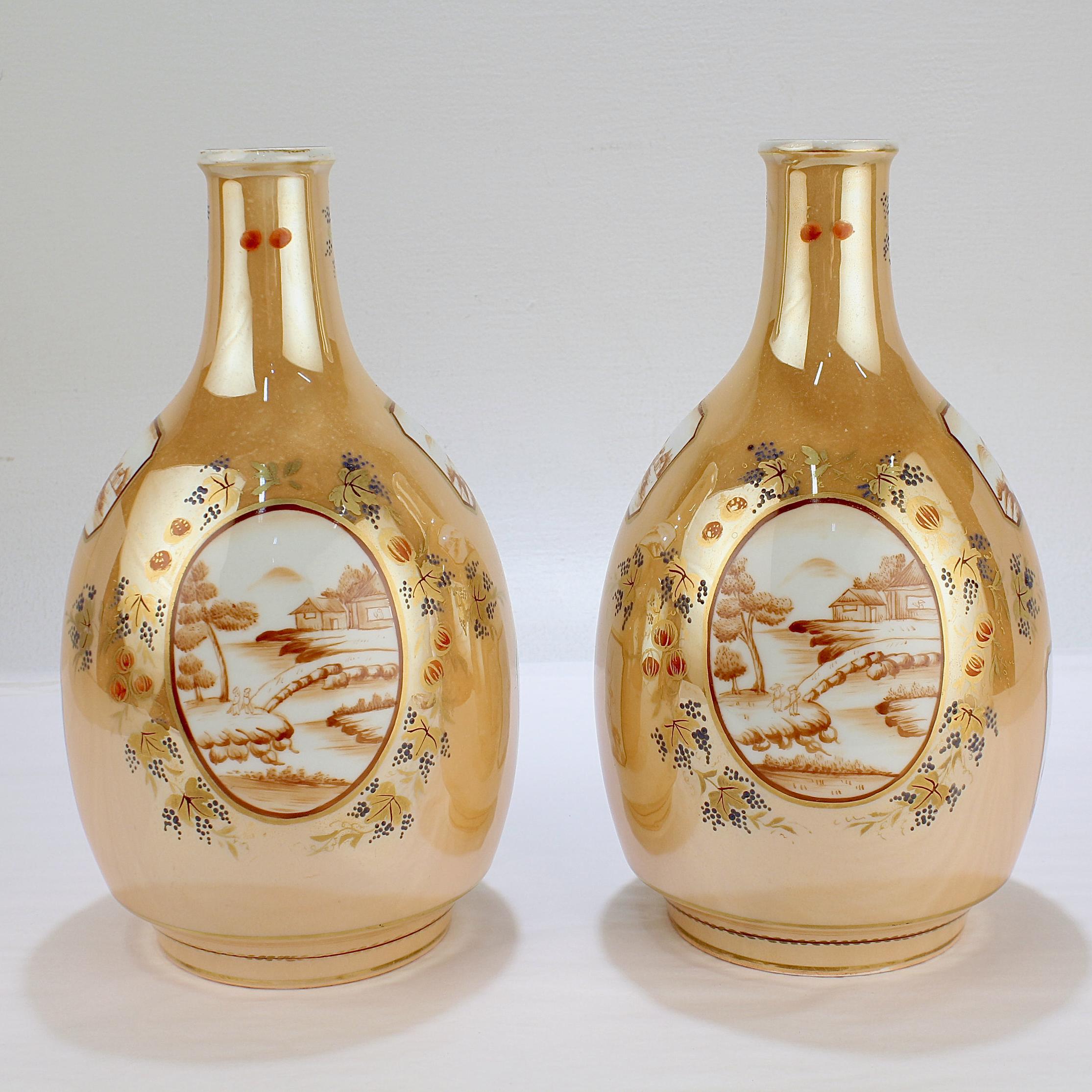 A fine pair of Chinese export style bottle vases.

By the Samson et Cie Porcelain Manufactory. 

With chinoiserie decorated cartouches to all sides, a light brown (almost cafe au lait) ground and hand painted grape and fruit vine decoration.