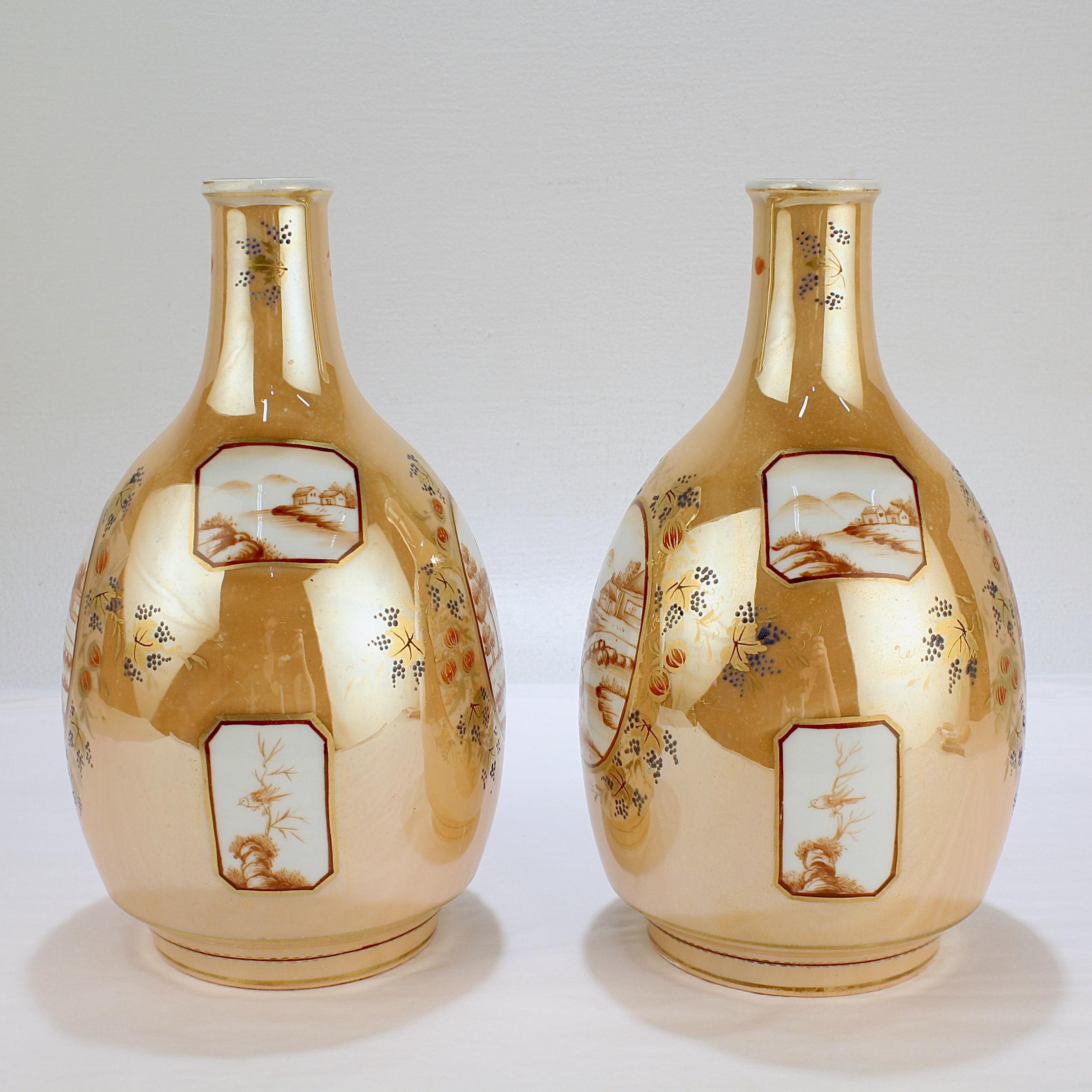 French Pair of Antique Samson Porcelain Chinese Export Style Bottle Vases For Sale