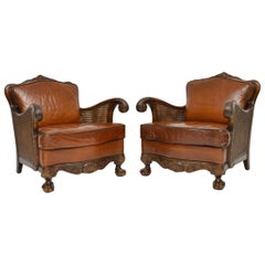 Pair of Antique Satin Birch and Leather Bergère Armchairs