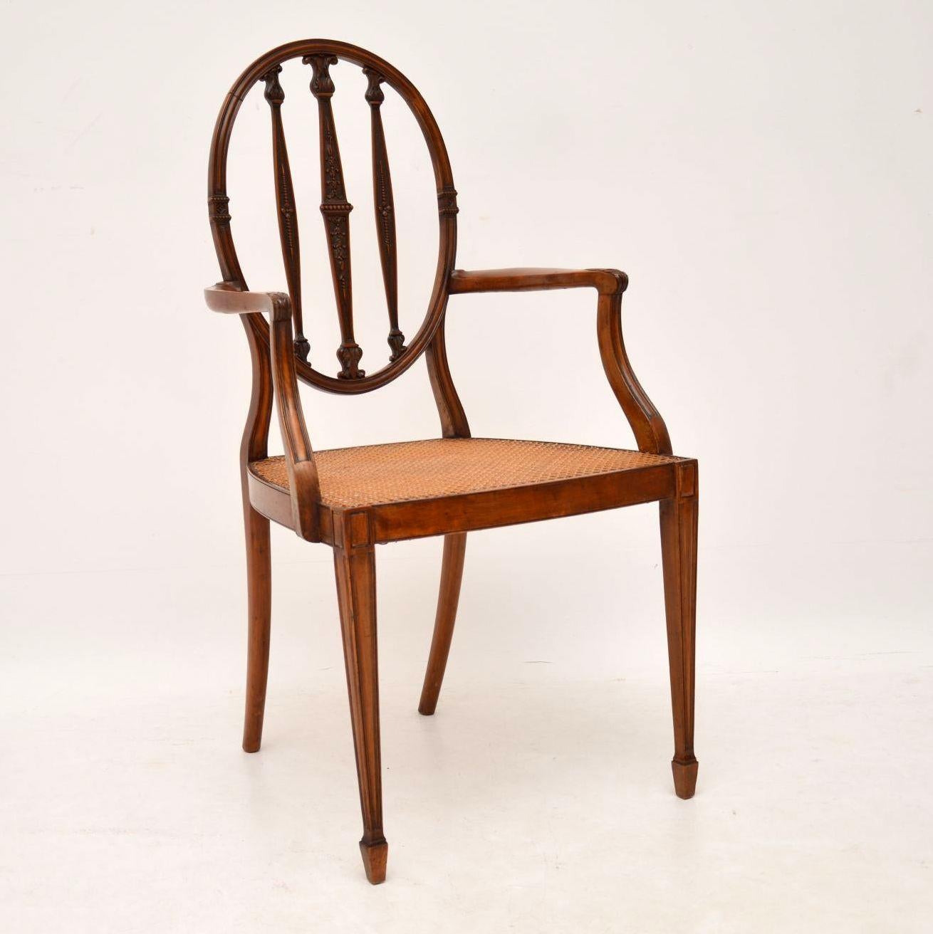 Sheraton Pair of Antique Satinwood Cane Seated Armchairs