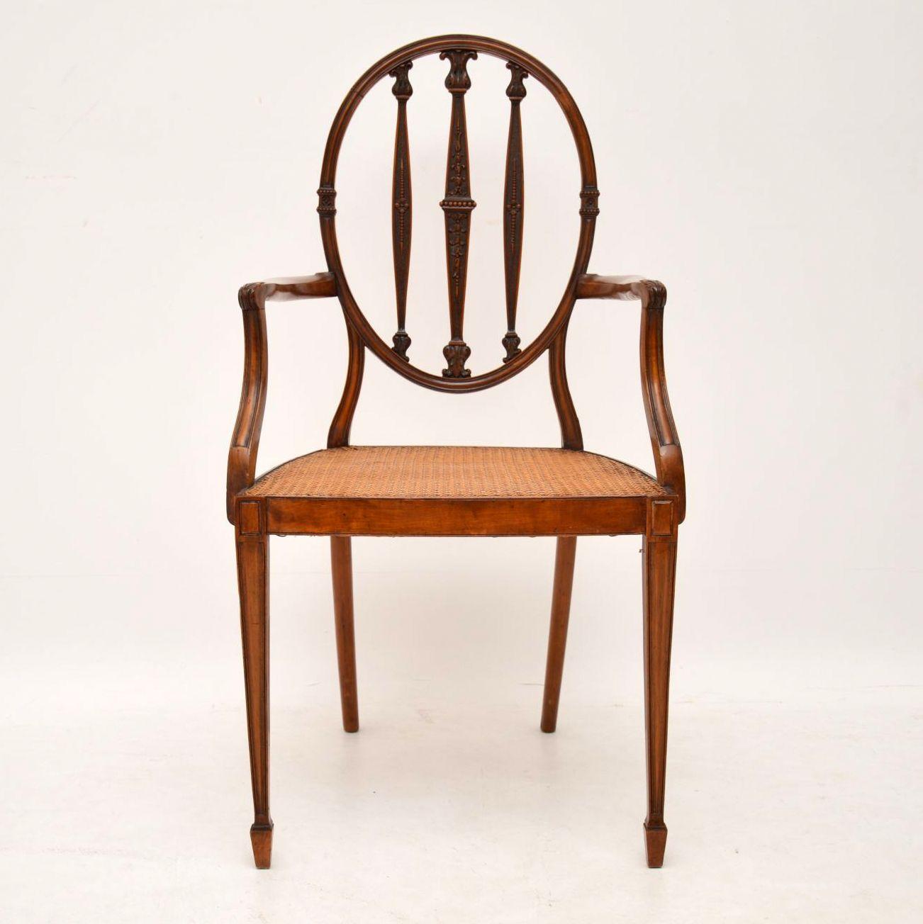 British Pair of Antique Satinwood Cane Seated Armchairs