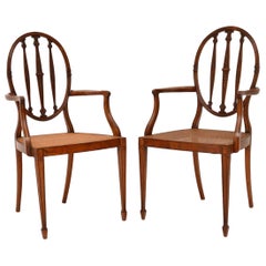 Pair of Antique Satinwood Cane Seated Armchairs