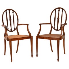 Pair of Antique Satinwood Cane Seated Armchairs