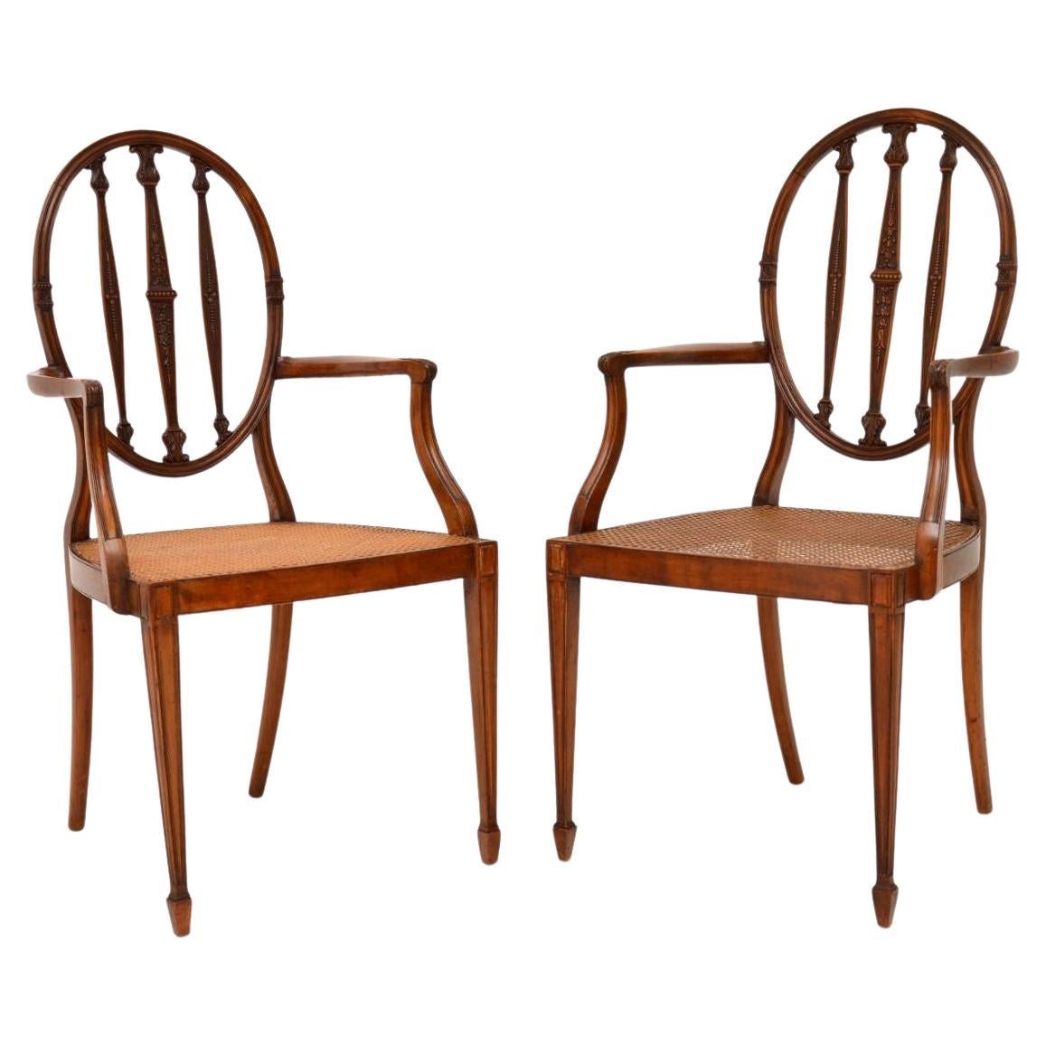 Pair of Antique Satinwood Cane Seated Armchairs