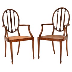 Pair of Antique Satinwood Cane Seated Armchairs