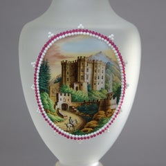 Pair of Antique Scenic Hand Painted Glass Clamshell Vases C1890