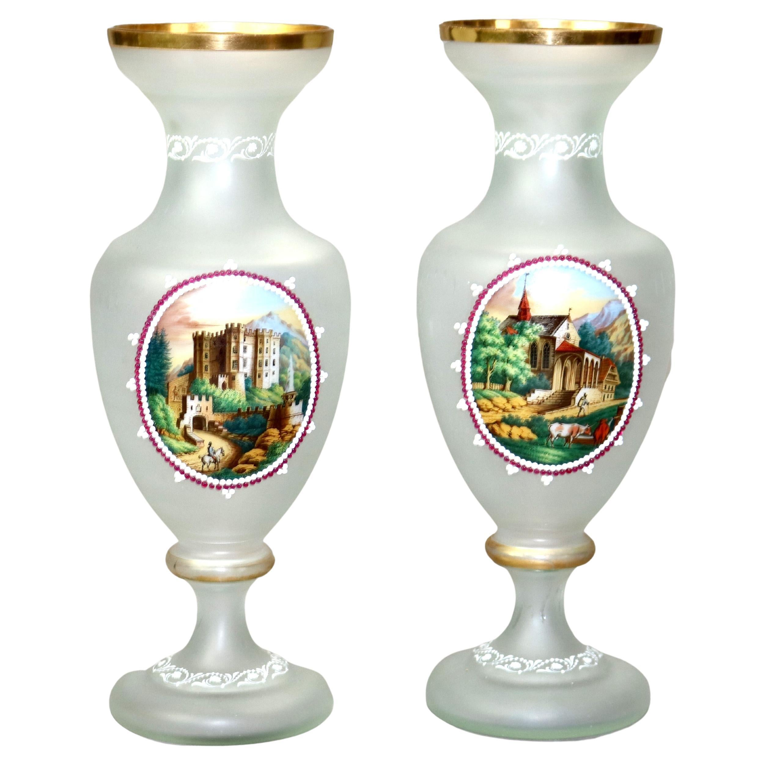 Pair of Antique Scenic Hand Painted Glass Clamshell Vases C1890