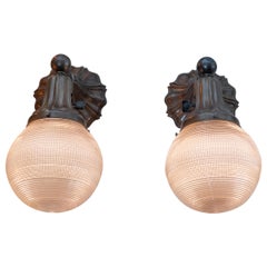 Pair of Antique Sconces with Zipper Glass Ball Shades, circa 1910