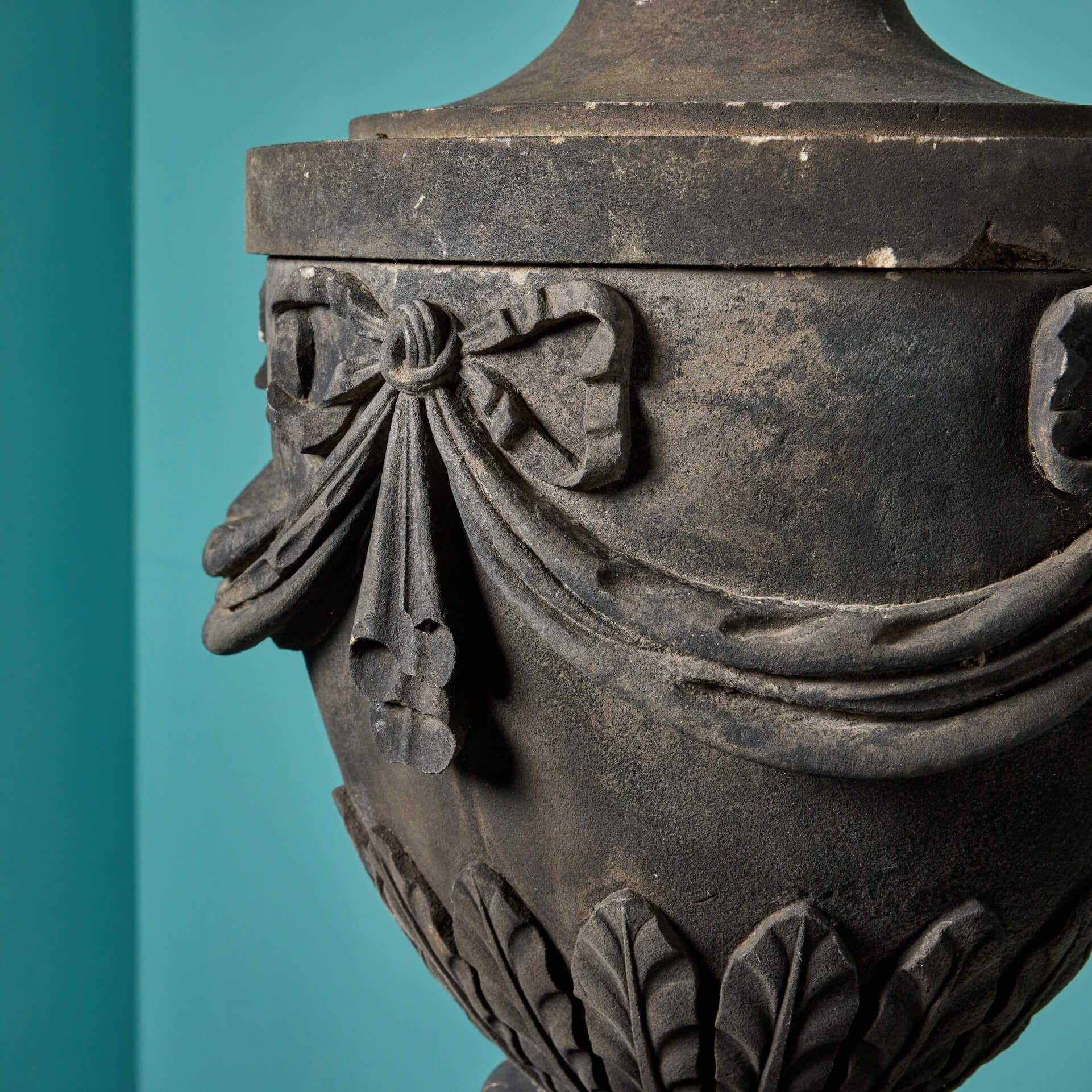 A striking pair of carved antique sandstone garden urns in the Adam style circa 1850. This beautiful pair are just two of various 19th century urns we are selling sourced from a country estate in the west of Scotland.
 
Grand in scale and design,