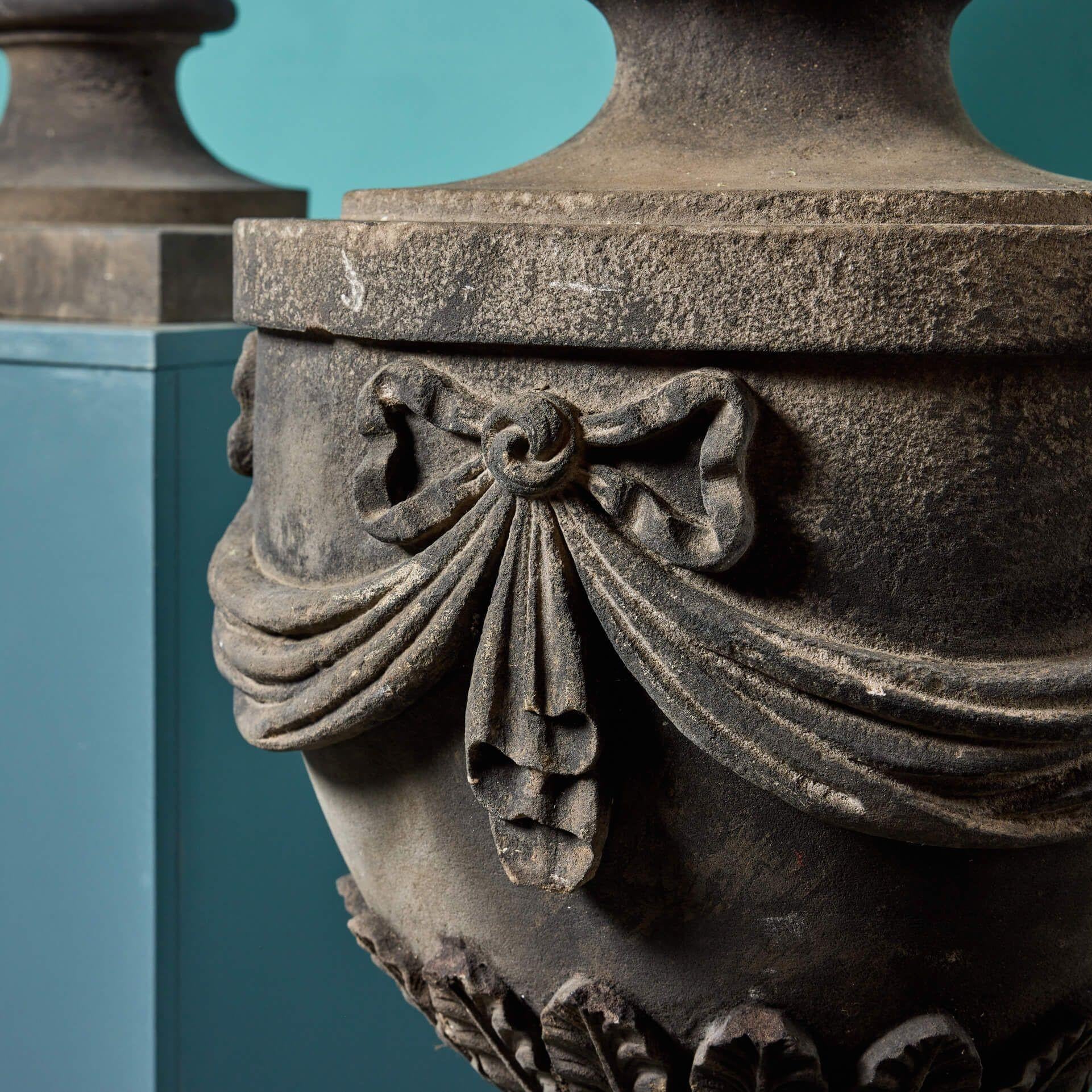 Stone Pair of Antique Scottish Adam Style Sandstone Garden Urns For Sale