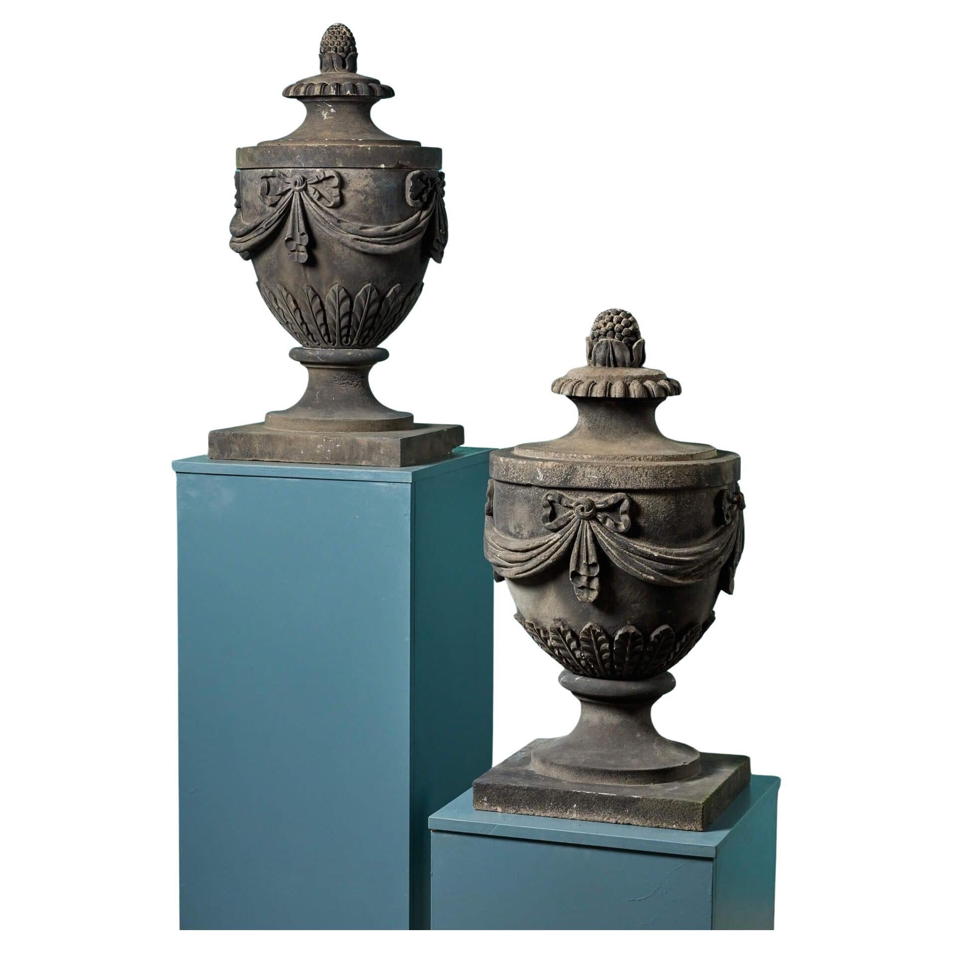 Pair of Antique Scottish Adam Style Sandstone Garden Urns For Sale