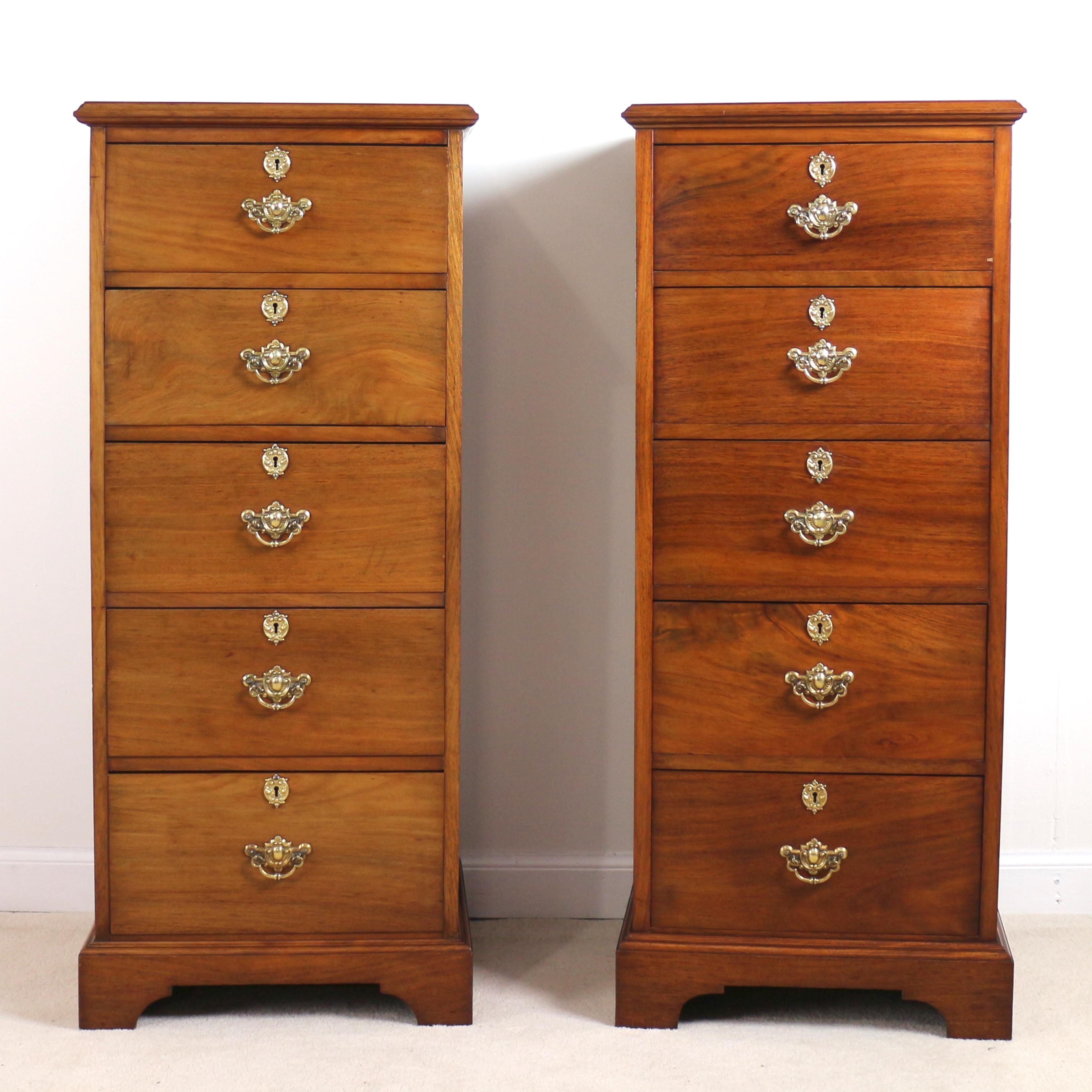 A good quality pair of late 19th century solid mahogany collector’s or specimen chests with trade label for ‘David Souttar of Aberdeen’. Each with a moulded top above five finely dovetailed drawers with original ornate brass handles and escutcheons