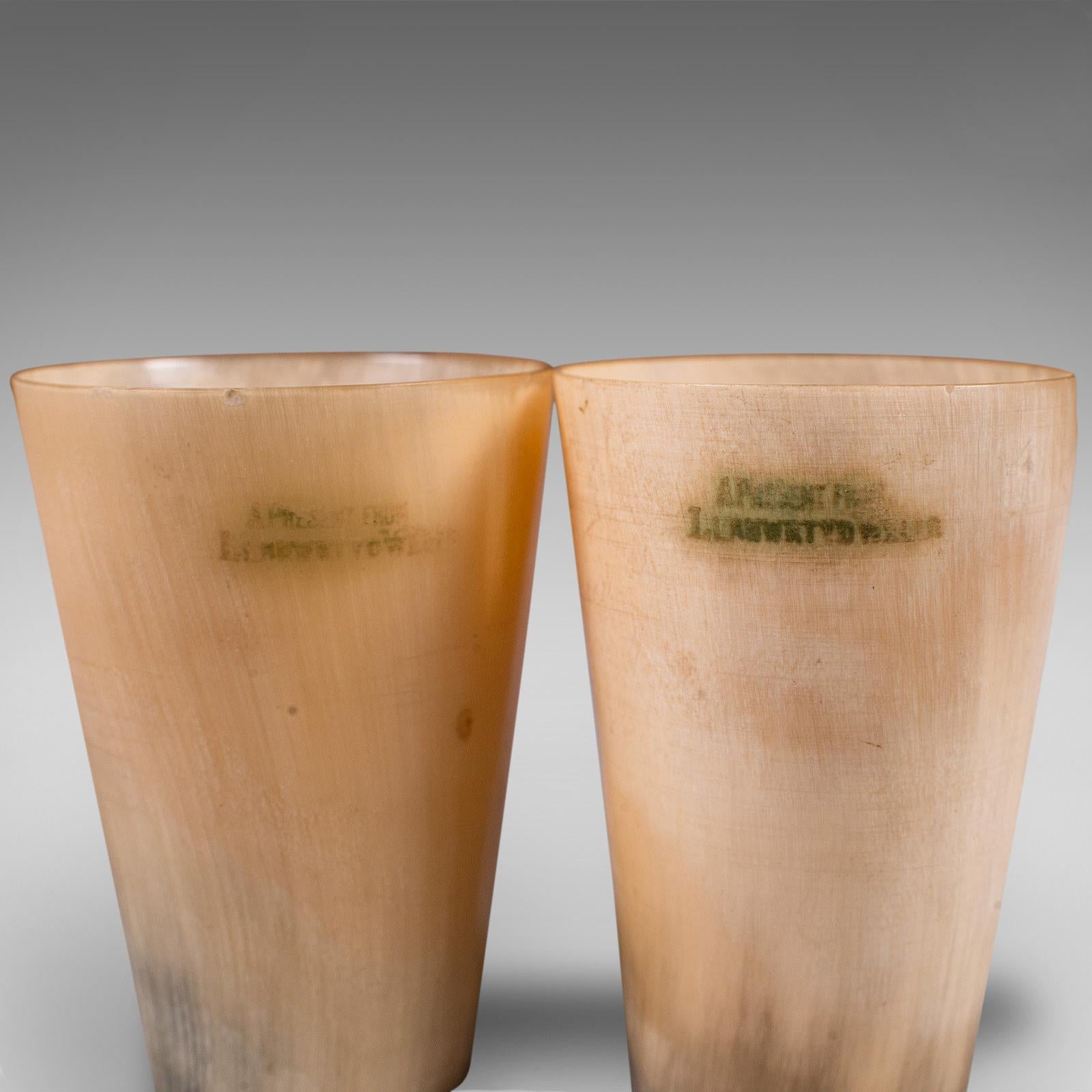Pair of Antique Scrimshaw Cups, Welsh, Ram's Horn, Carved Tumbler, Victorian For Sale 8