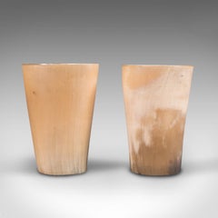 Pair of Antique Scrimshaw Cups, Welsh, Ram's Horn, Carved Tumbler, Victorian