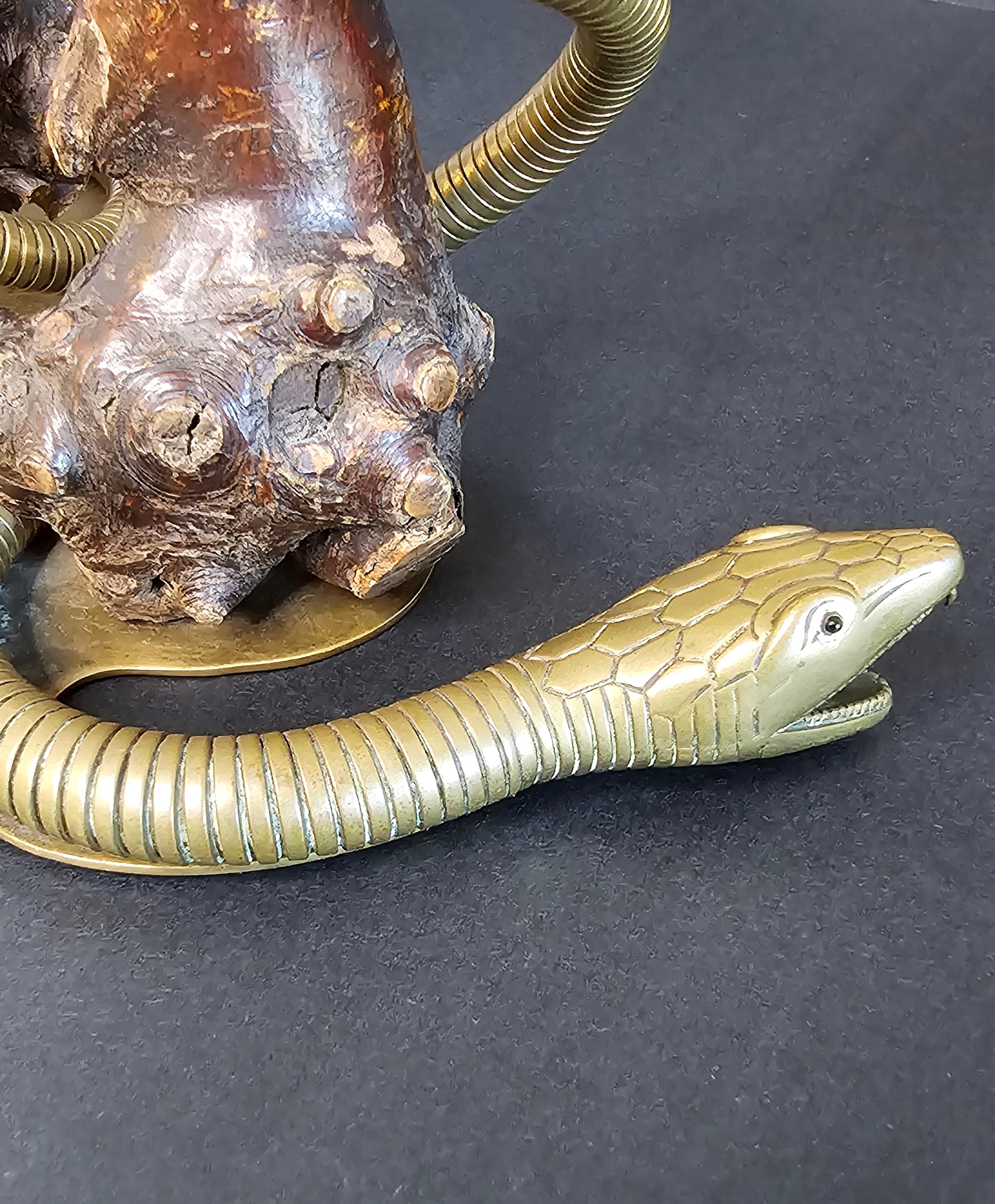 Pair of Antique Sculptural Brass Serpent Rootwood Candlesticks For Sale 4
