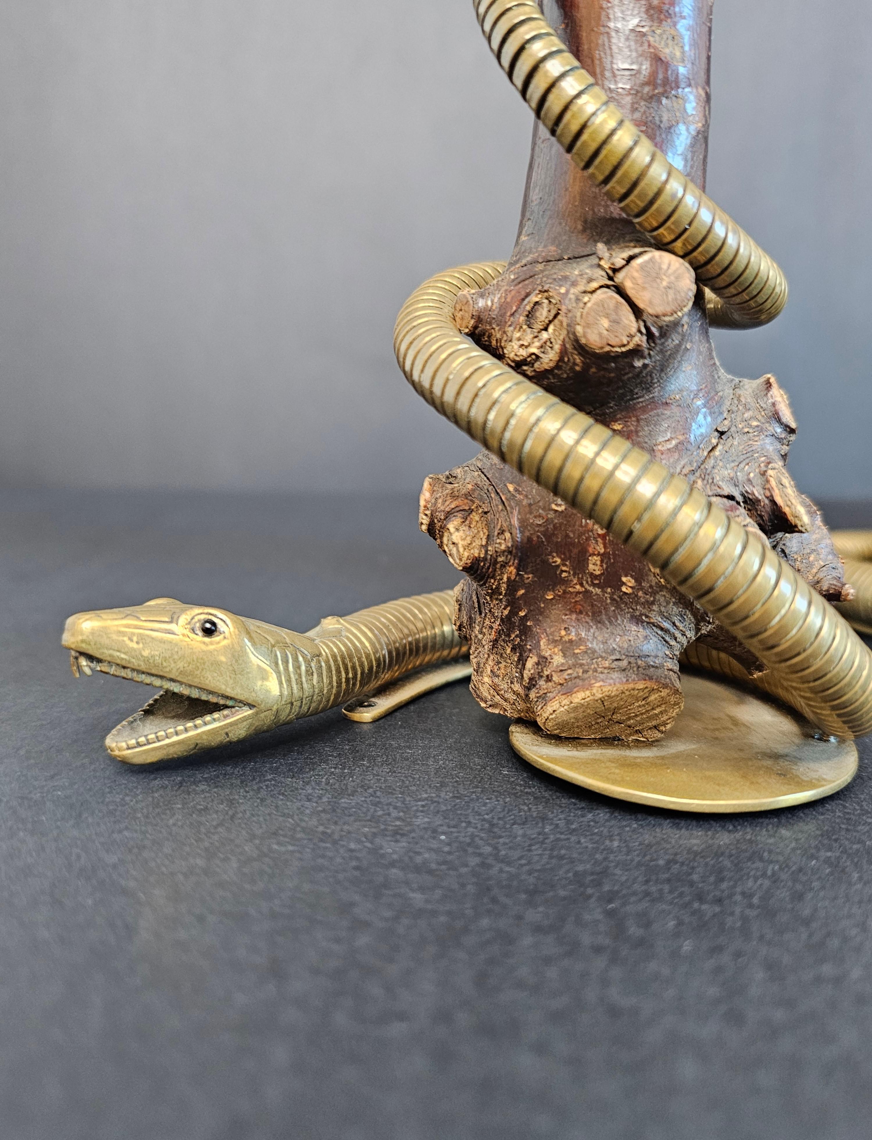 Pair of Antique Sculptural Brass Serpent Rootwood Candlesticks For Sale 5