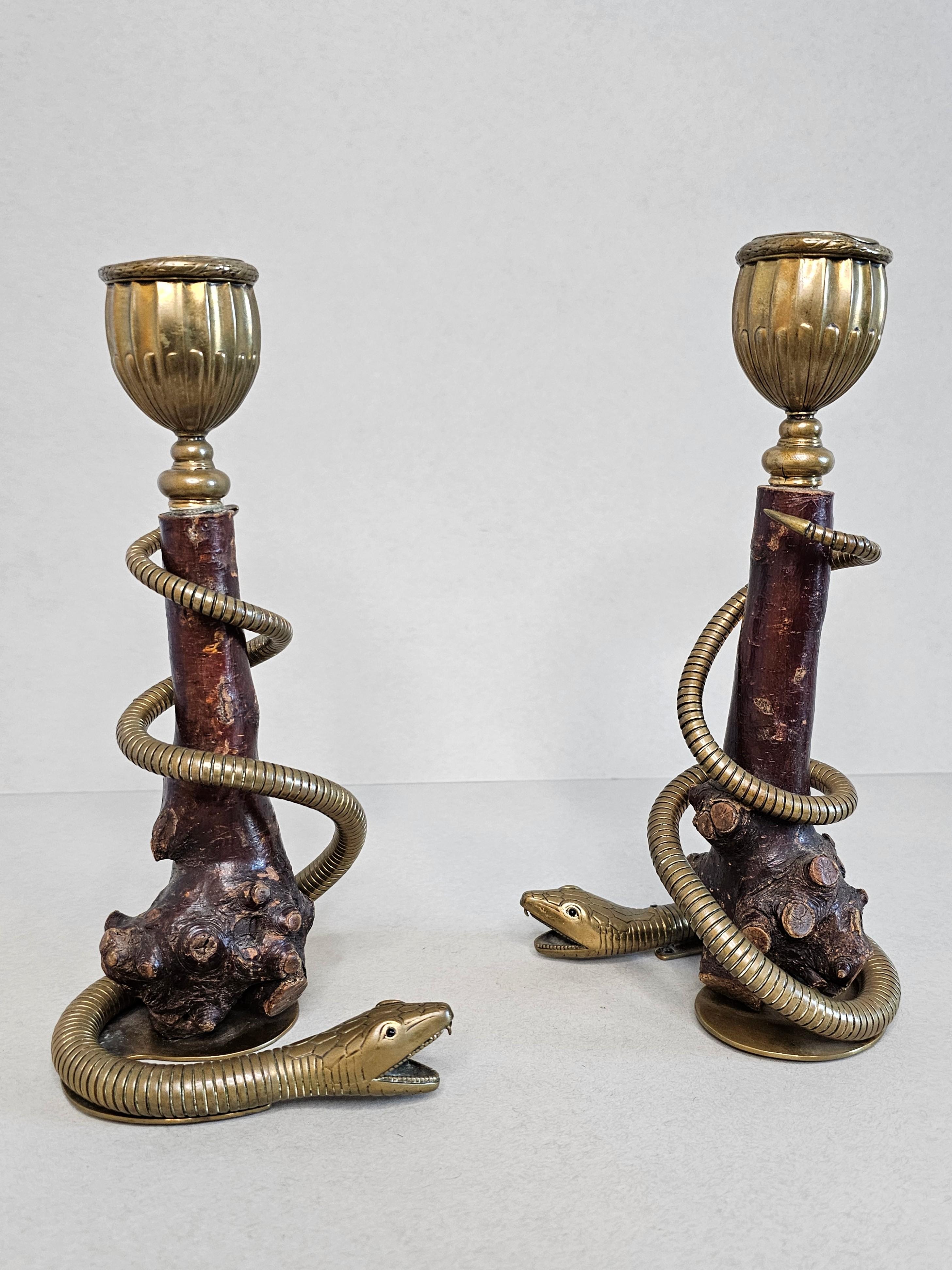 Pair of Antique Sculptural Brass Serpent Rootwood Candlesticks For Sale 7