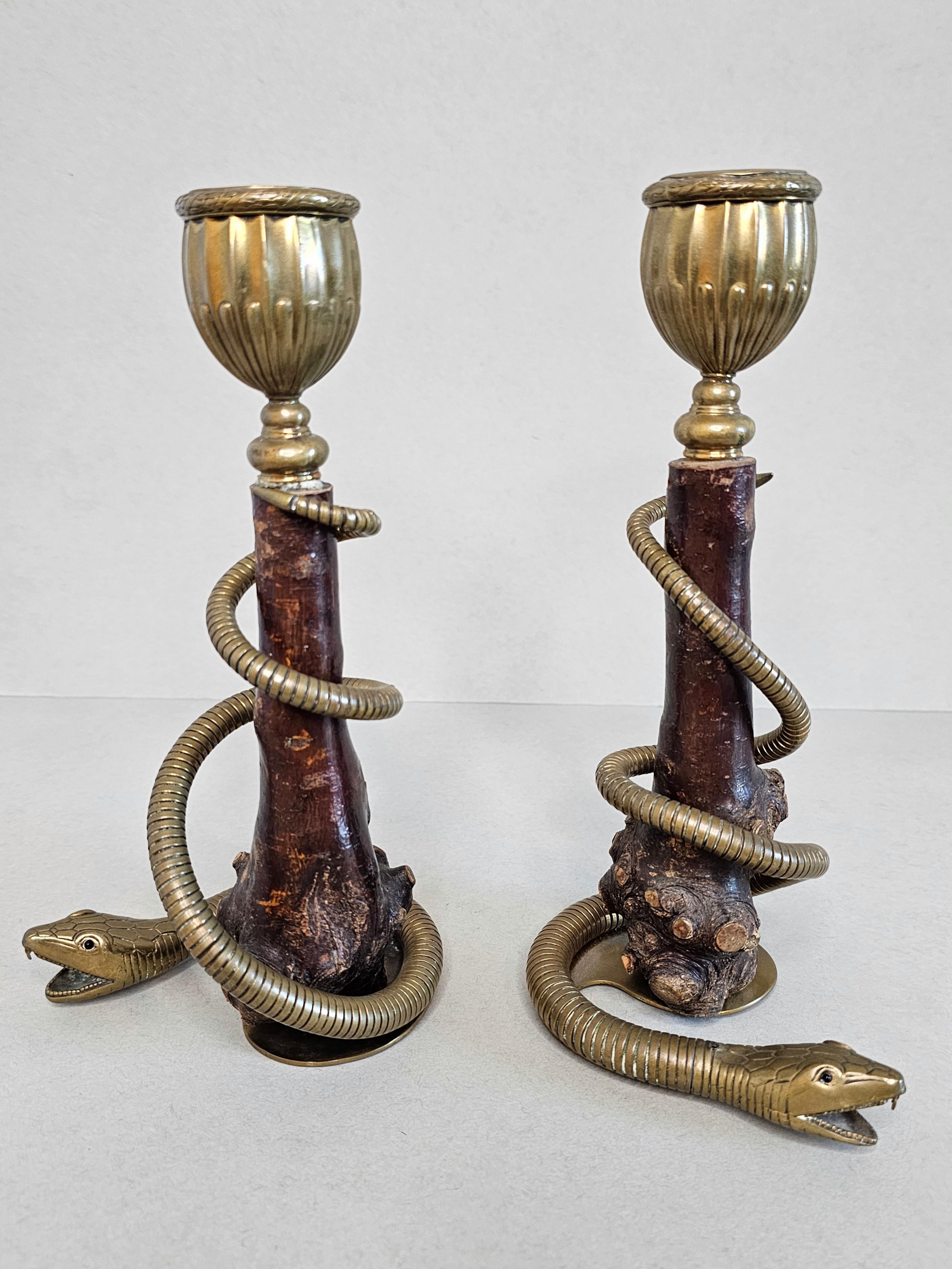 Pair of Antique Sculptural Brass Serpent Rootwood Candlesticks For Sale 9