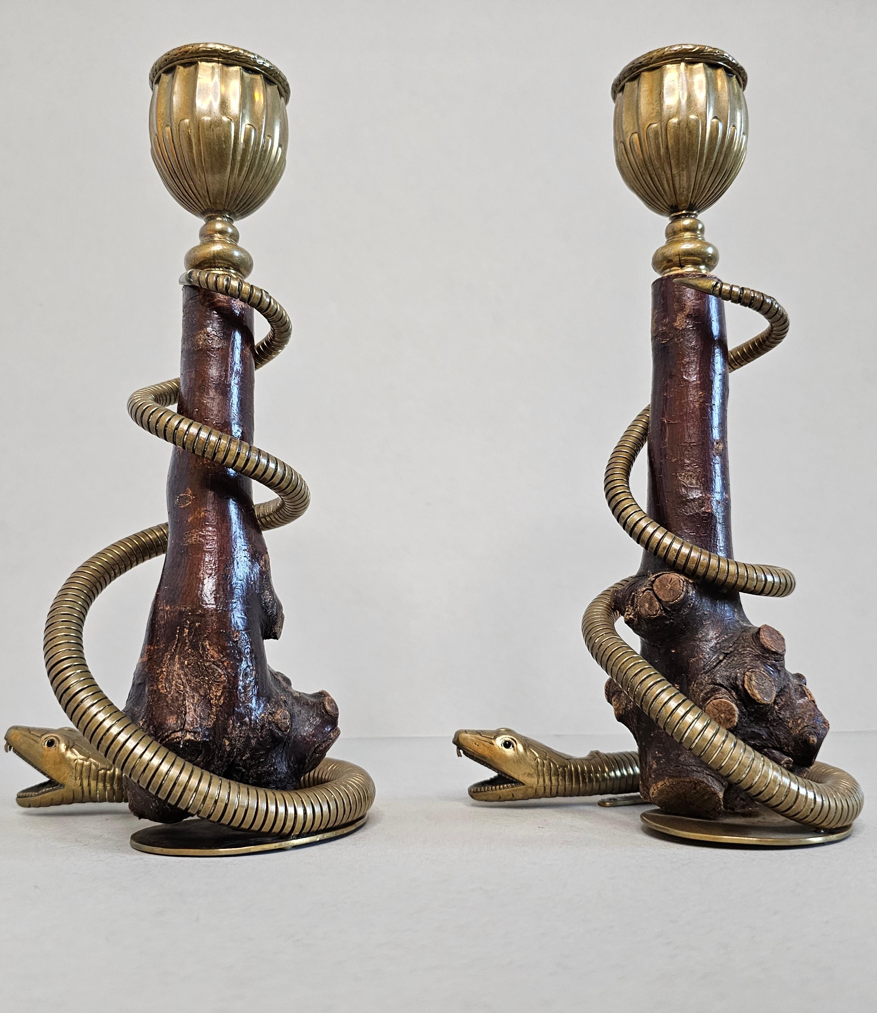 Pair of Antique Sculptural Brass Serpent Rootwood Candlesticks For Sale 11
