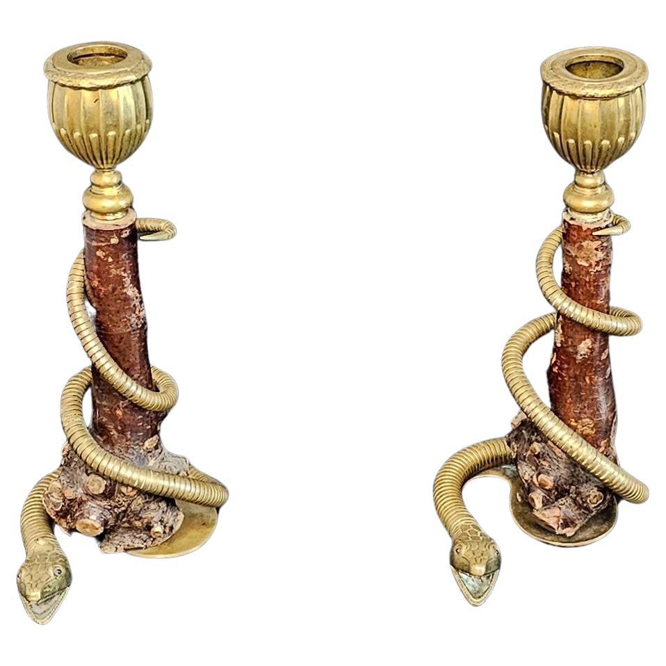 A striking pair of scarce whimsical antique snake candlesticks, possibly Anglo-Indian, dating to the late 19th / early 20th century, sculptural form, featuring a natural root wood tree trunk standard entwined with figural brass serpent, having glass