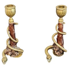 Antique Brass Snake Wrapped Rootwood Candlestick Pair