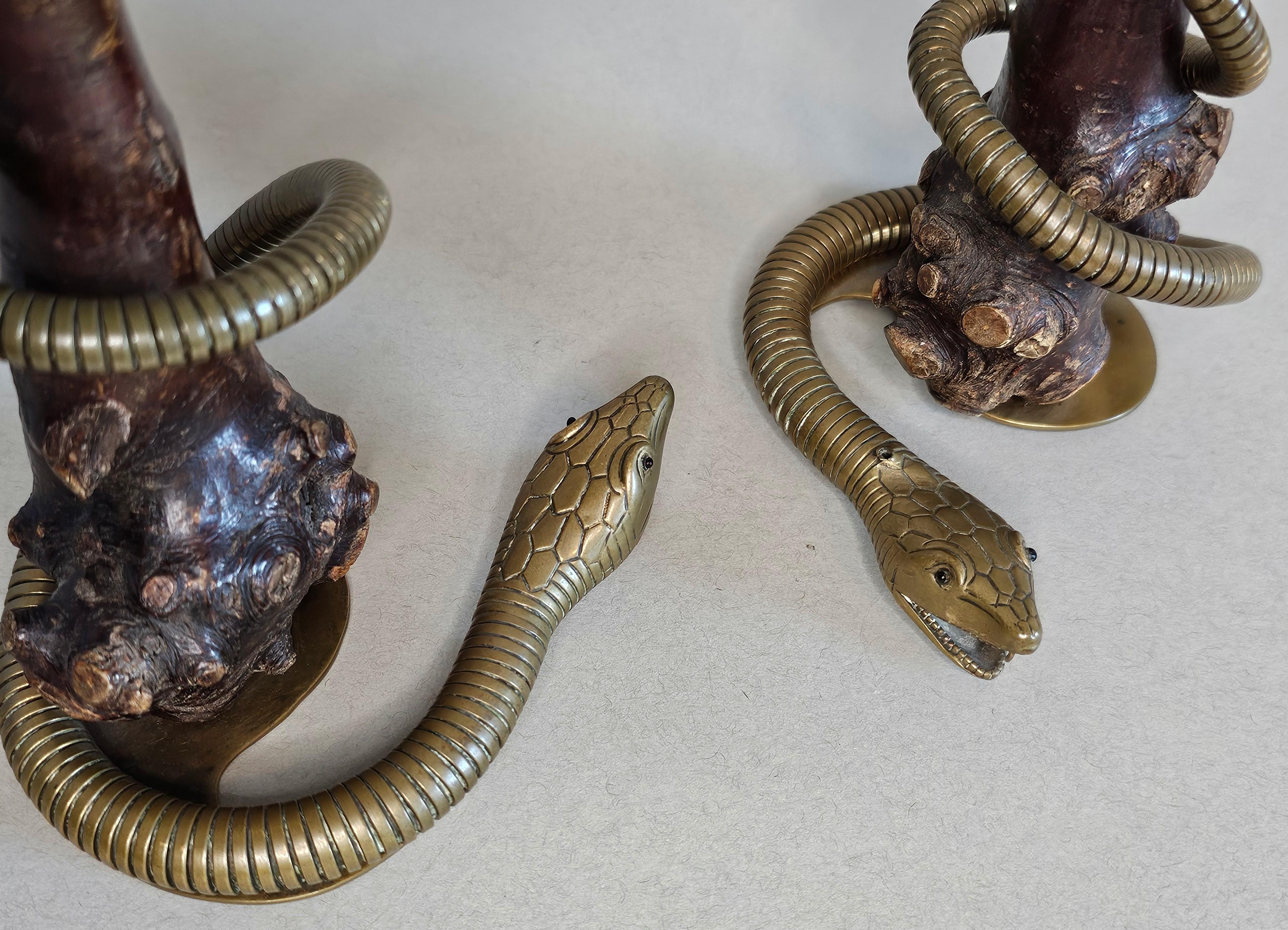 Pair of Antique Sculptural Brass Serpent Rootwood Candlesticks For Sale 14