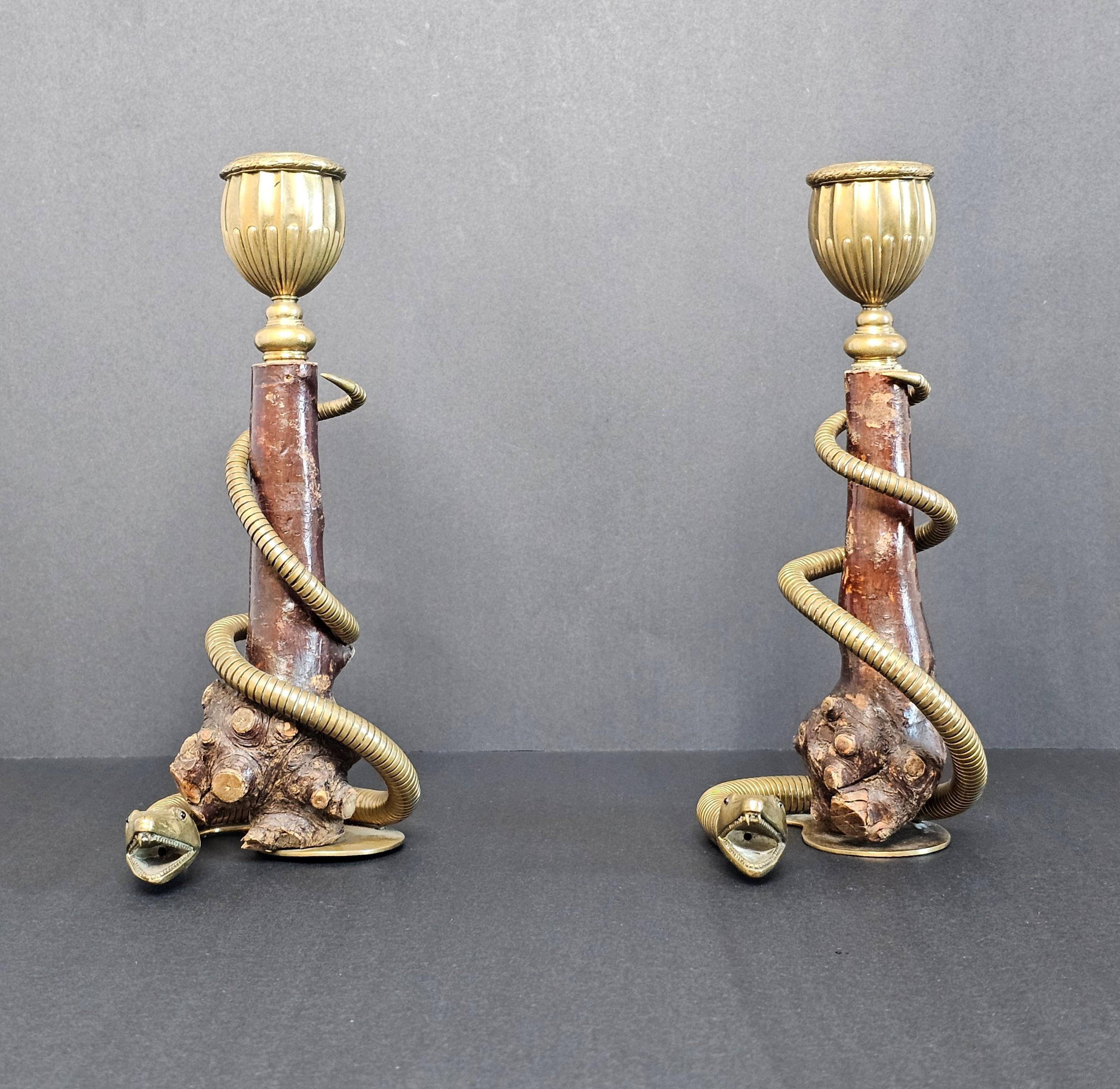 Anglo-Indian Pair of Antique Sculptural Brass Serpent Rootwood Candlesticks For Sale