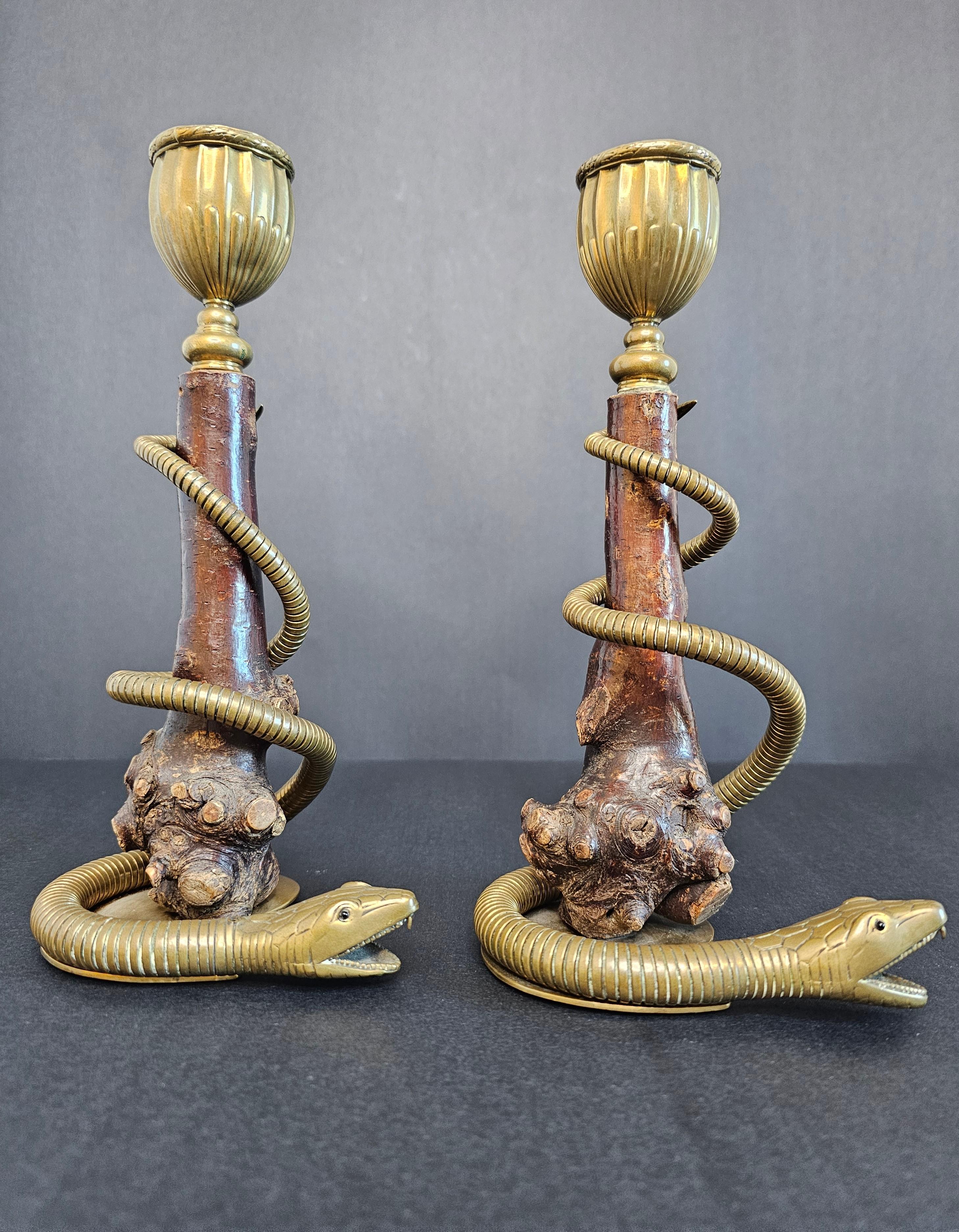Paar antike skulpturale Kerzenständer aus Messing mit Schlange aus Wurzelholz im Zustand „Gut“ im Angebot in Forney, TX