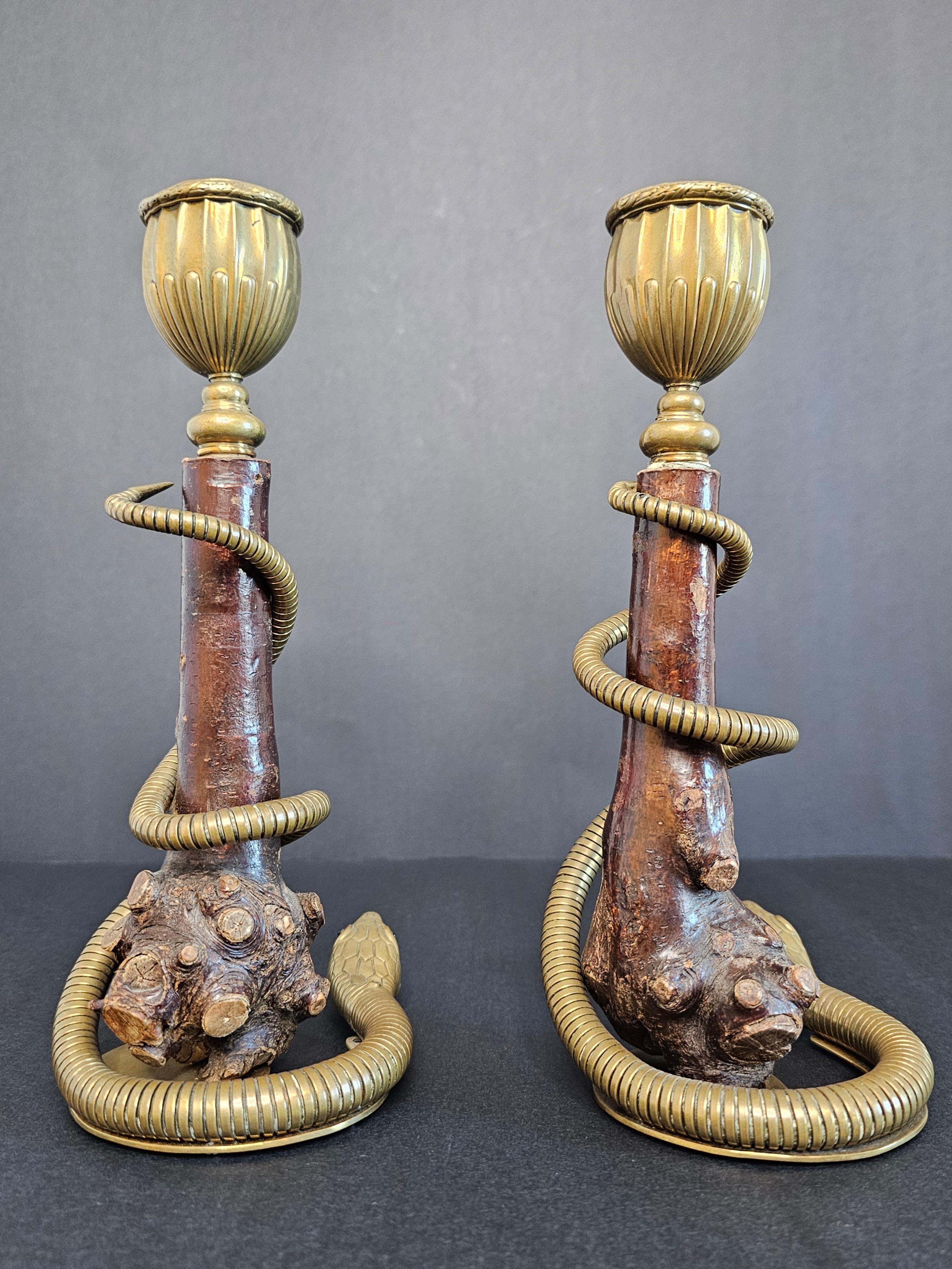 20th Century Pair of Antique Sculptural Brass Serpent Rootwood Candlesticks For Sale