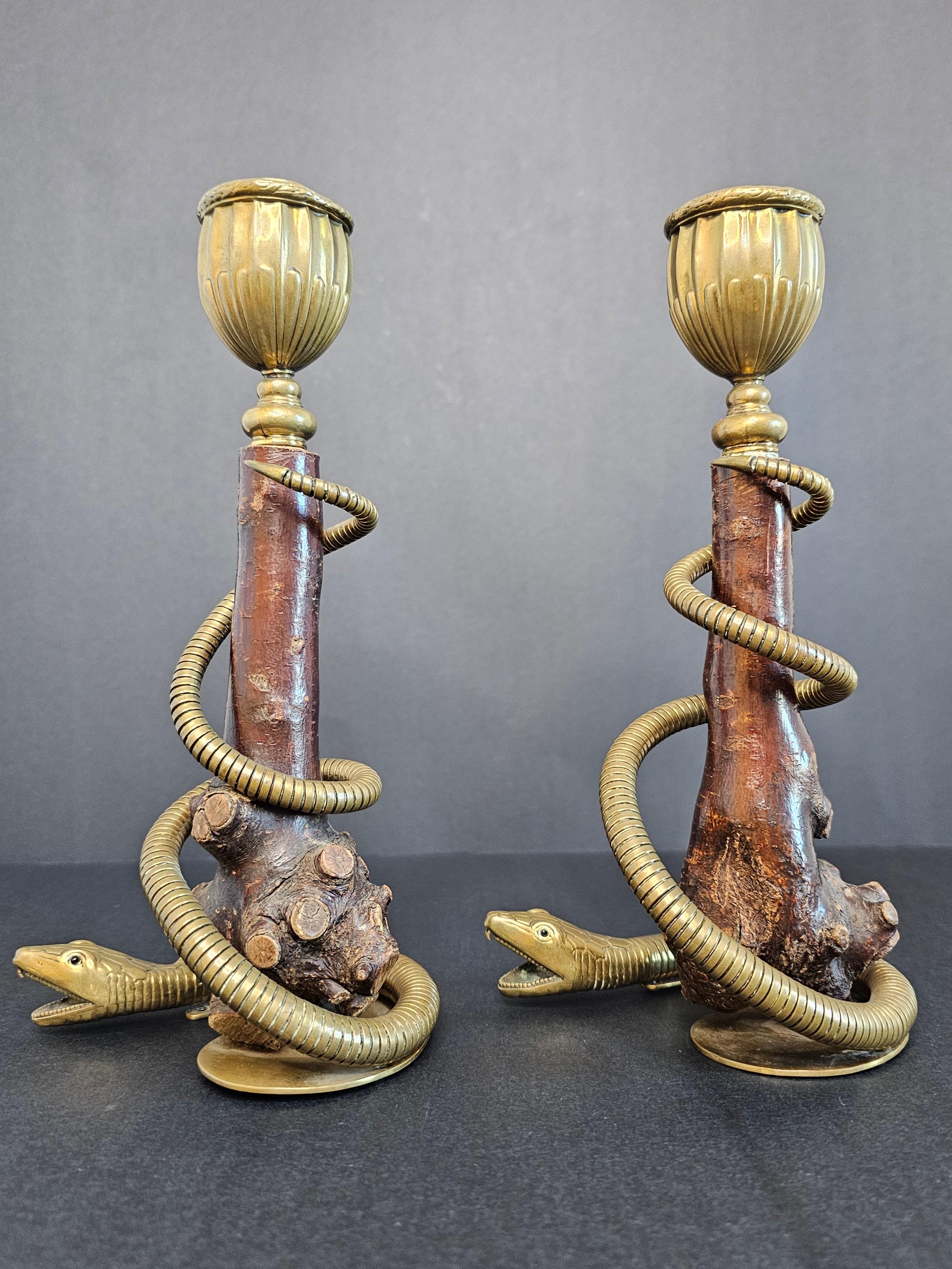 Paar antike skulpturale Kerzenständer aus Messing mit Schlange aus Wurzelholz im Angebot 1