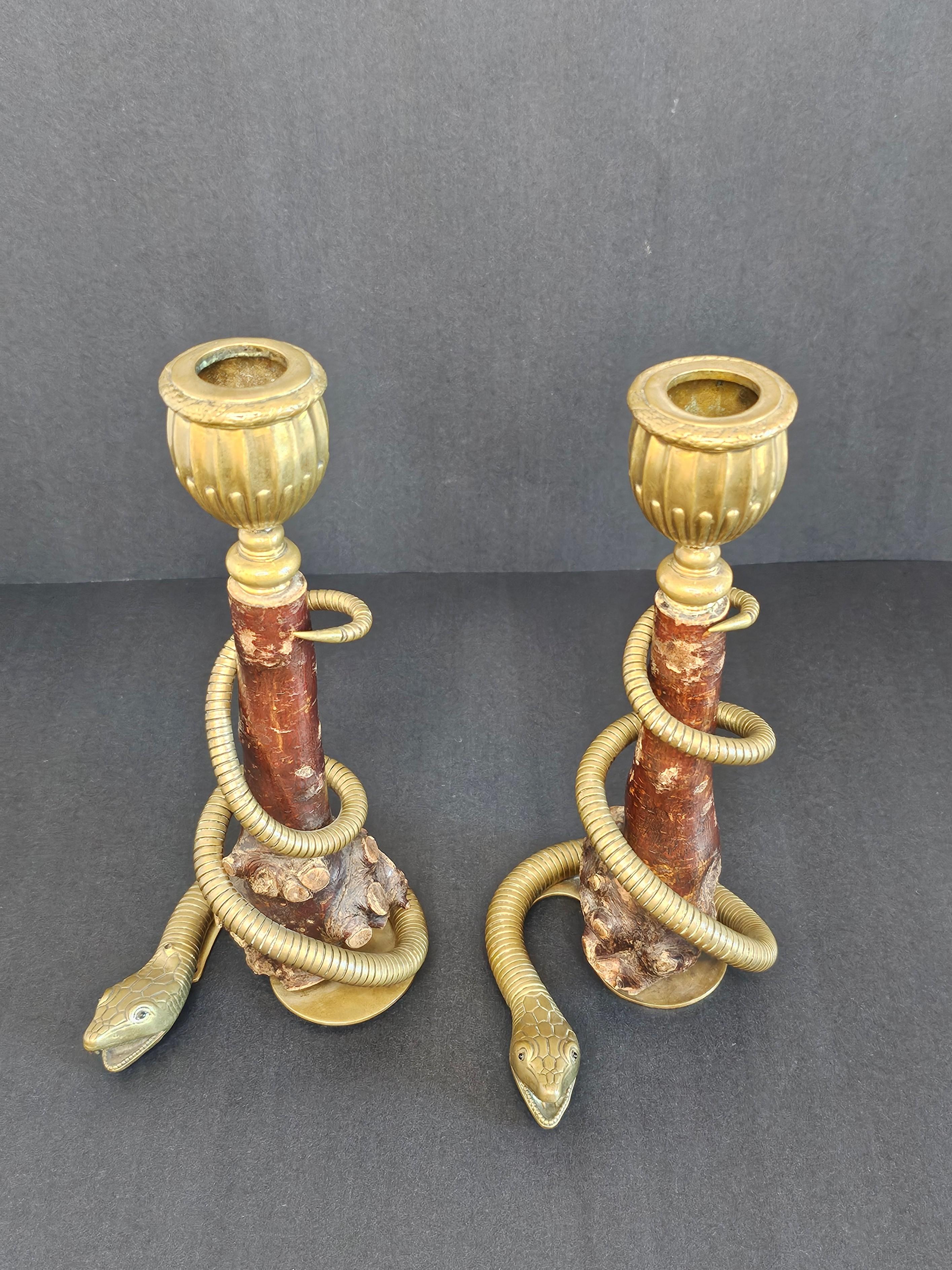 Paar antike skulpturale Kerzenständer aus Messing mit Schlange aus Wurzelholz im Angebot 2