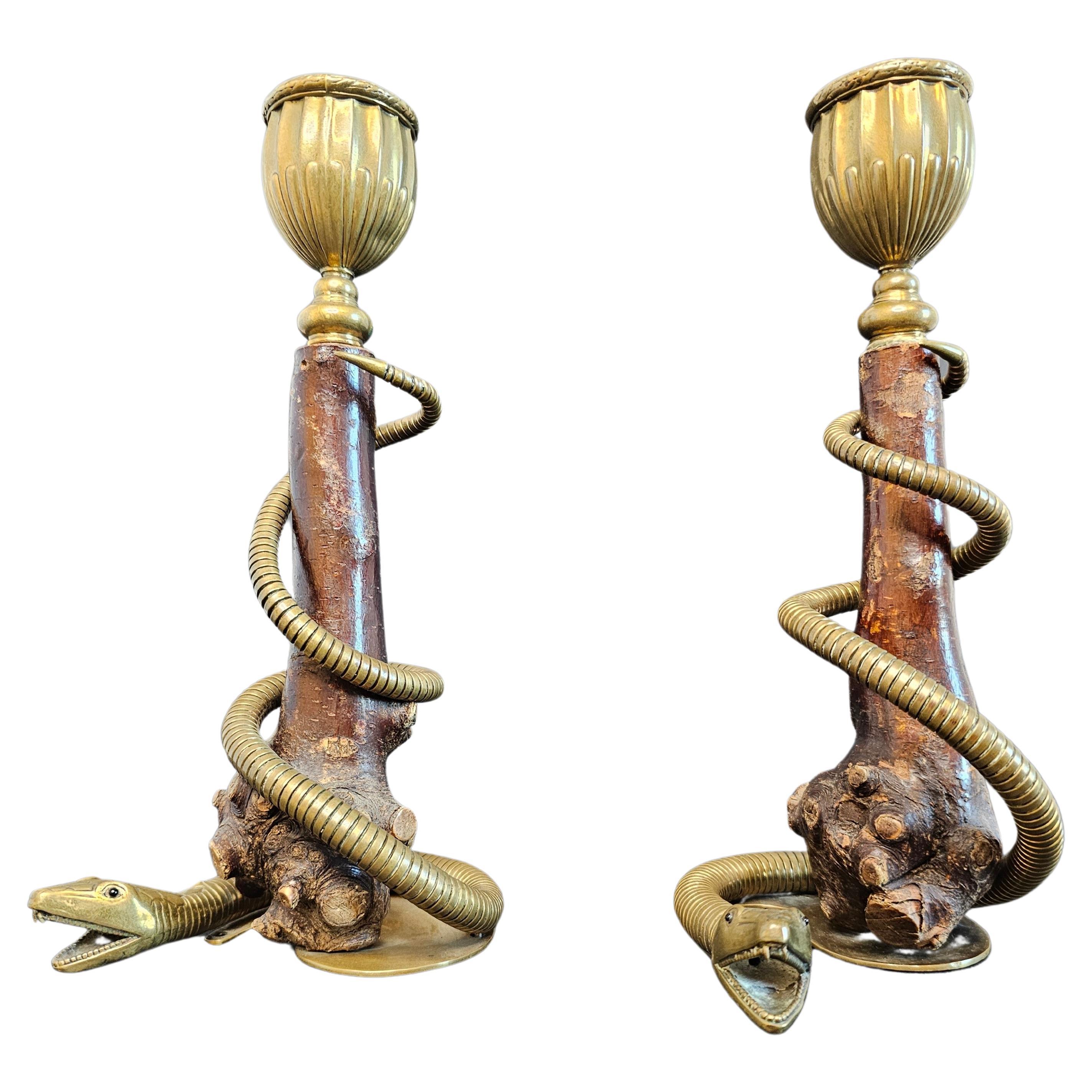 Pair of Antique Sculptural Brass Serpent Rootwood Candlesticks For Sale