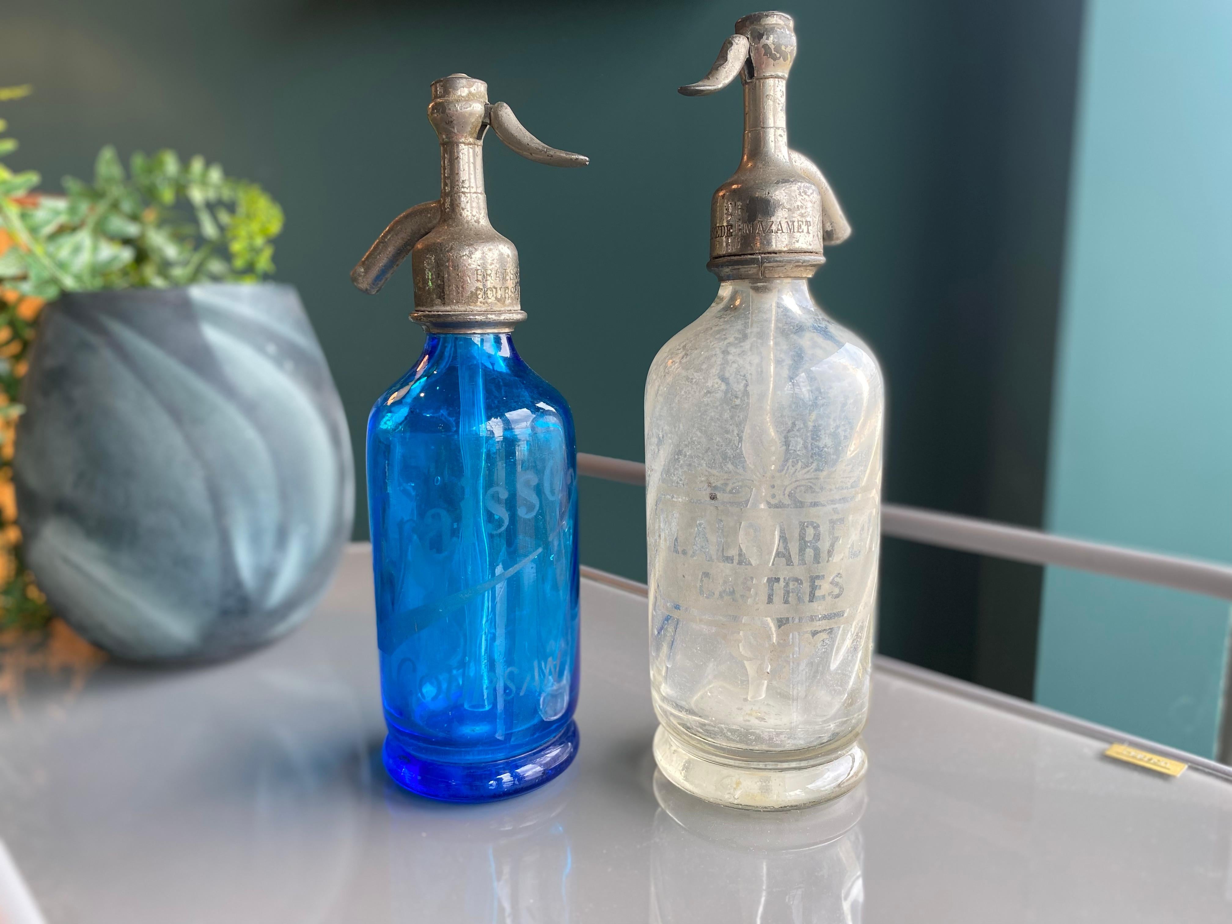 Pair of Antique Seltzer Soda Syphon Bottles, Blue Glass, Siphon Small 6