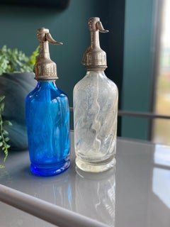 Pair of Antique Seltzer Soda Syphon Bottles, Blue Glass, Siphon Small