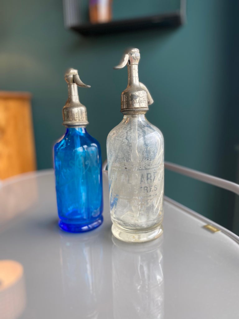Pair of Antique Seltzer Soda Syphon Bottles, Blue Glass, Siphon Small