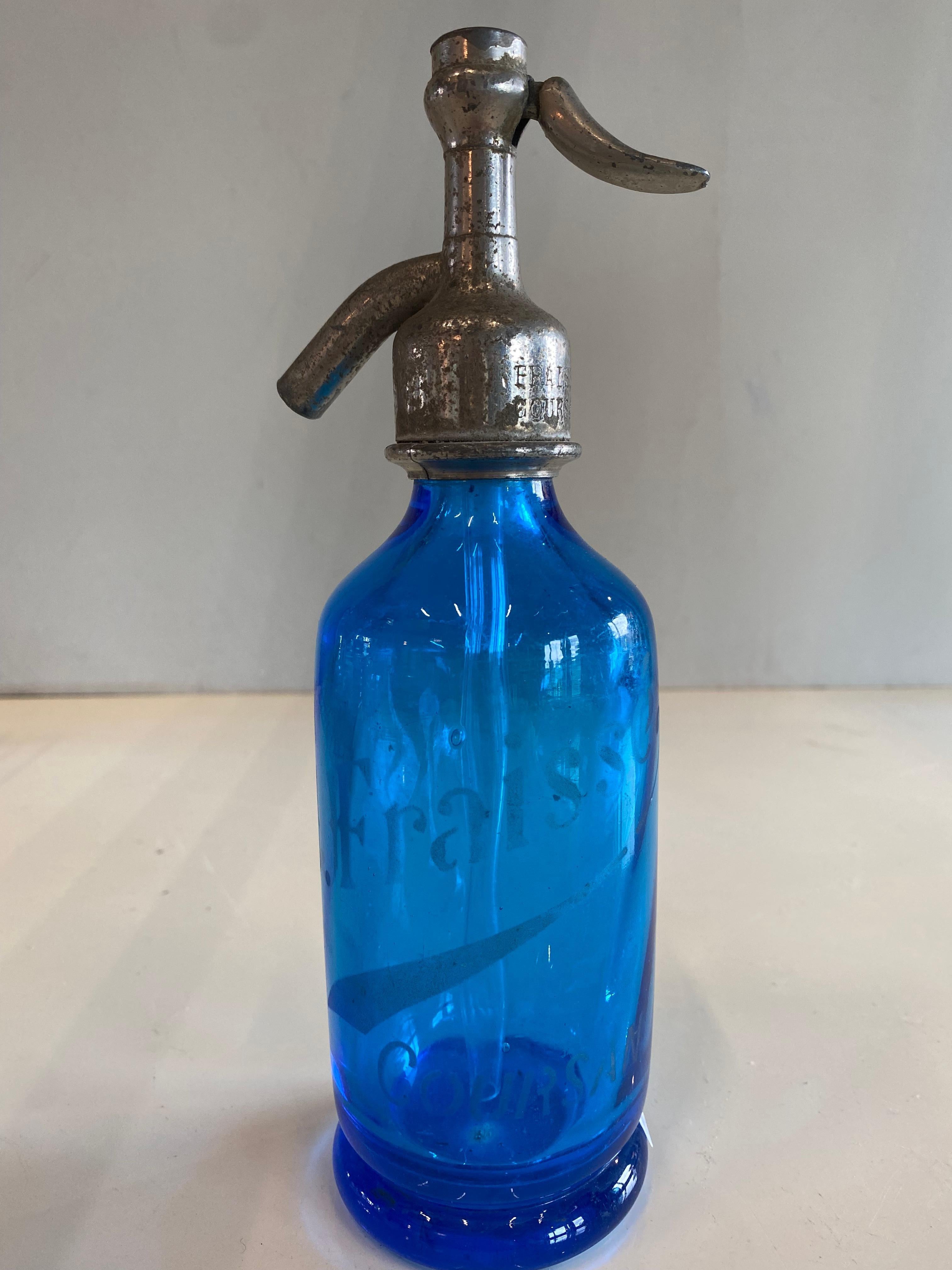 Art Nouveau Pair of Antique Seltzer Soda Syphon Bottles, Blue Glass, Siphon Small