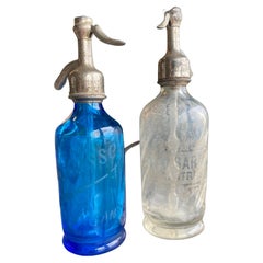 Pair of Antique Seltzer Soda Syphon Bottles, Blue Glass, Siphon Small
