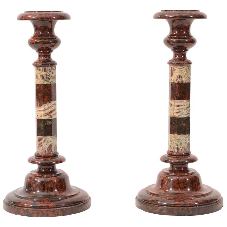 Pair of Antique Semi-Precious Stone Candlesticks For Sale