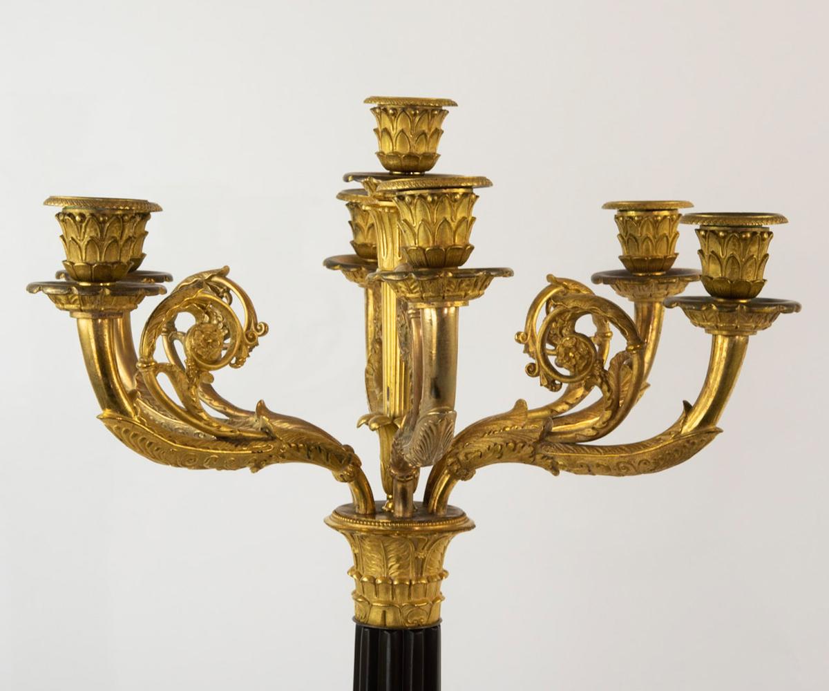 Pair of Antique Seven Arm Empire Style French Gilt Bronze Candelabras In Good Condition In Laguna Beach, CA