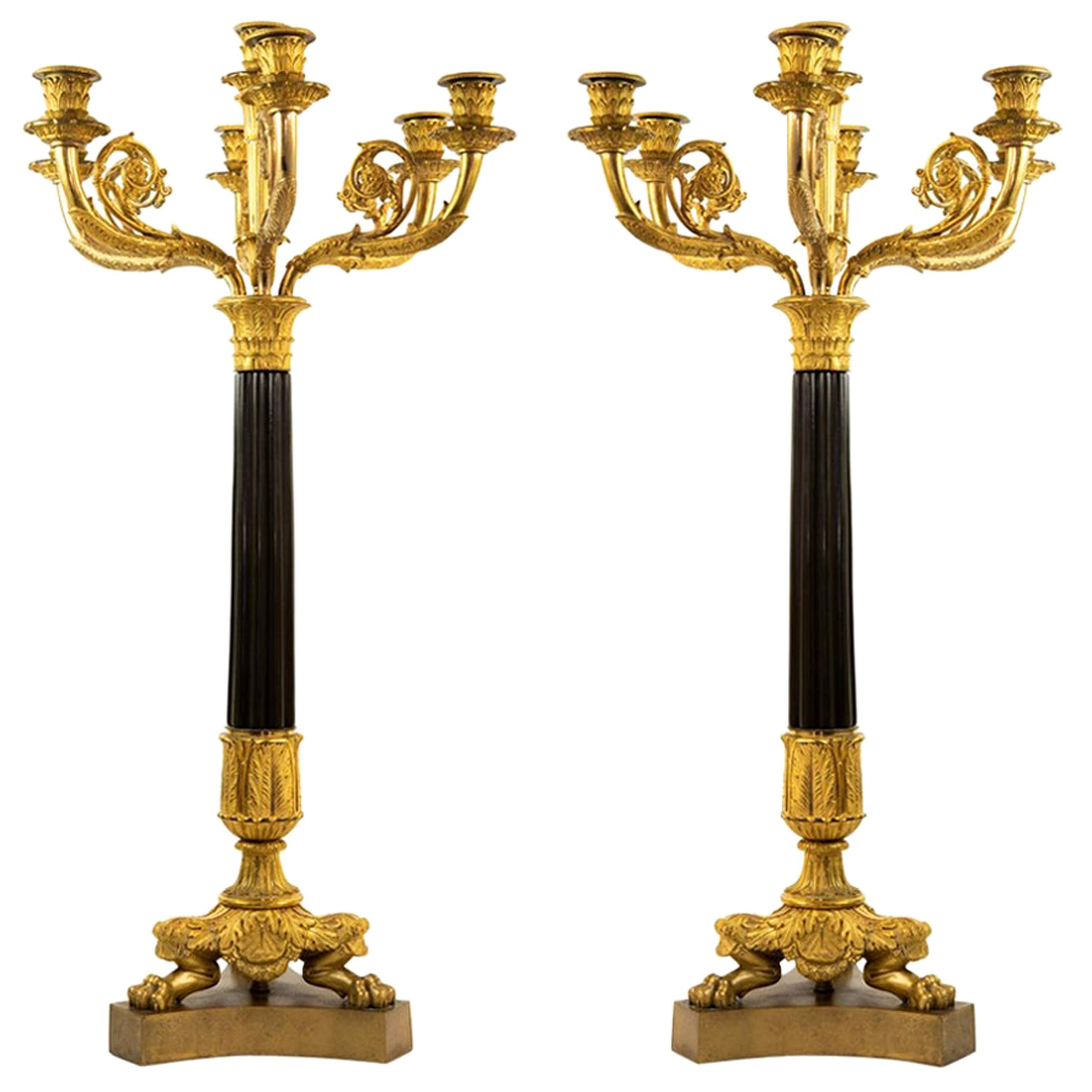 Pair of Antique Seven Arm Empire Style French Gilt Bronze Candelabras