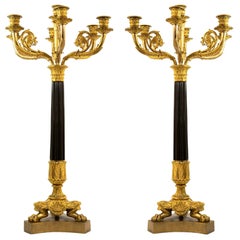 Pair of Antique Seven Arm Empire Style French Gilt Bronze Candelabras