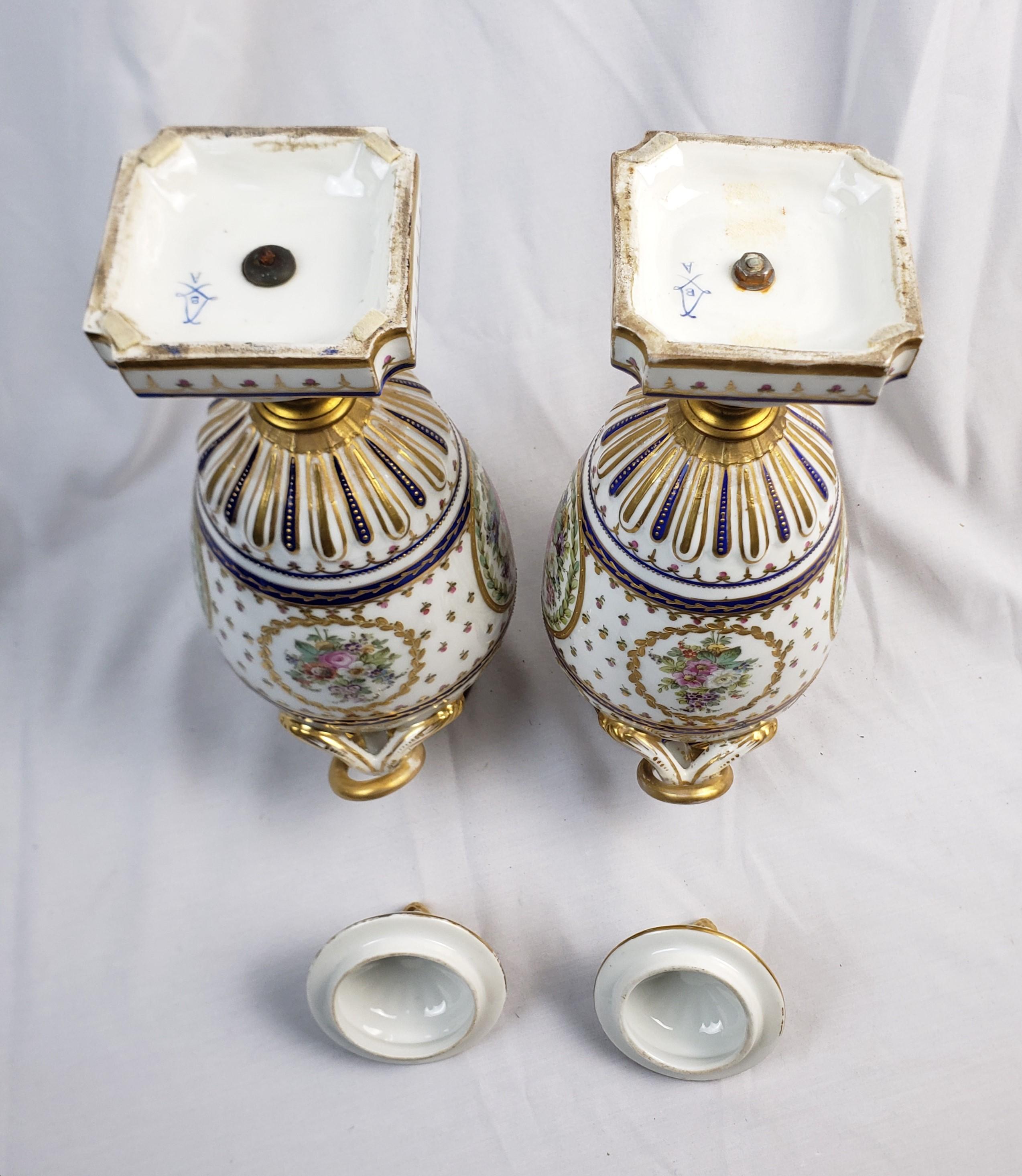 Pair of Antique Sevres Styled Covered Urns with Ornate Hand-Painted Decoration For Sale 3
