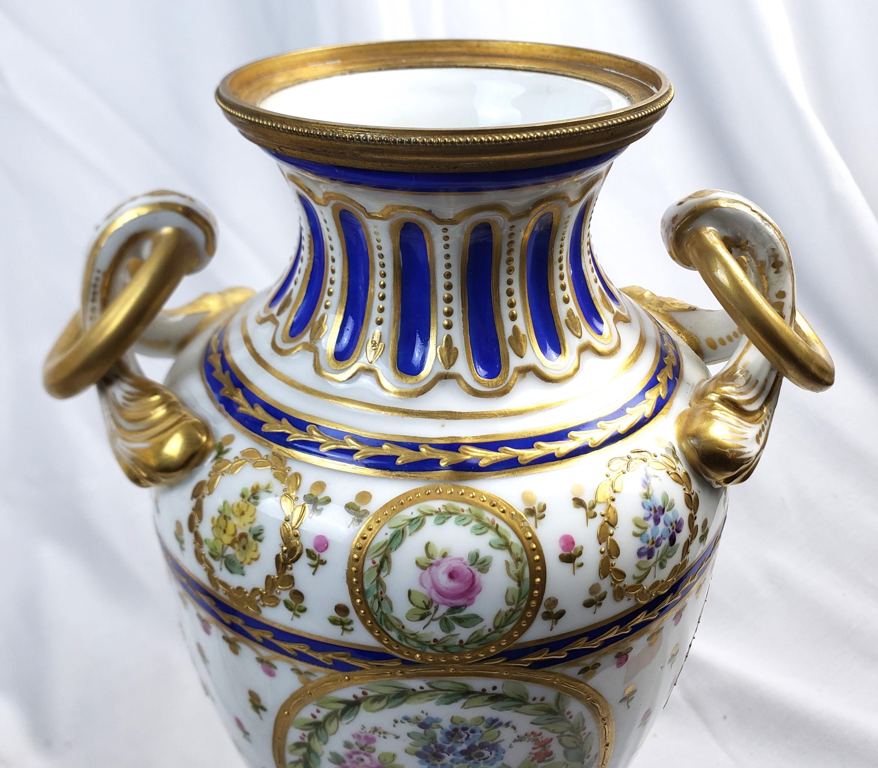 Pair of Antique Sevres Styled Covered Urns with Ornate Hand-Painted Decoration For Sale 5