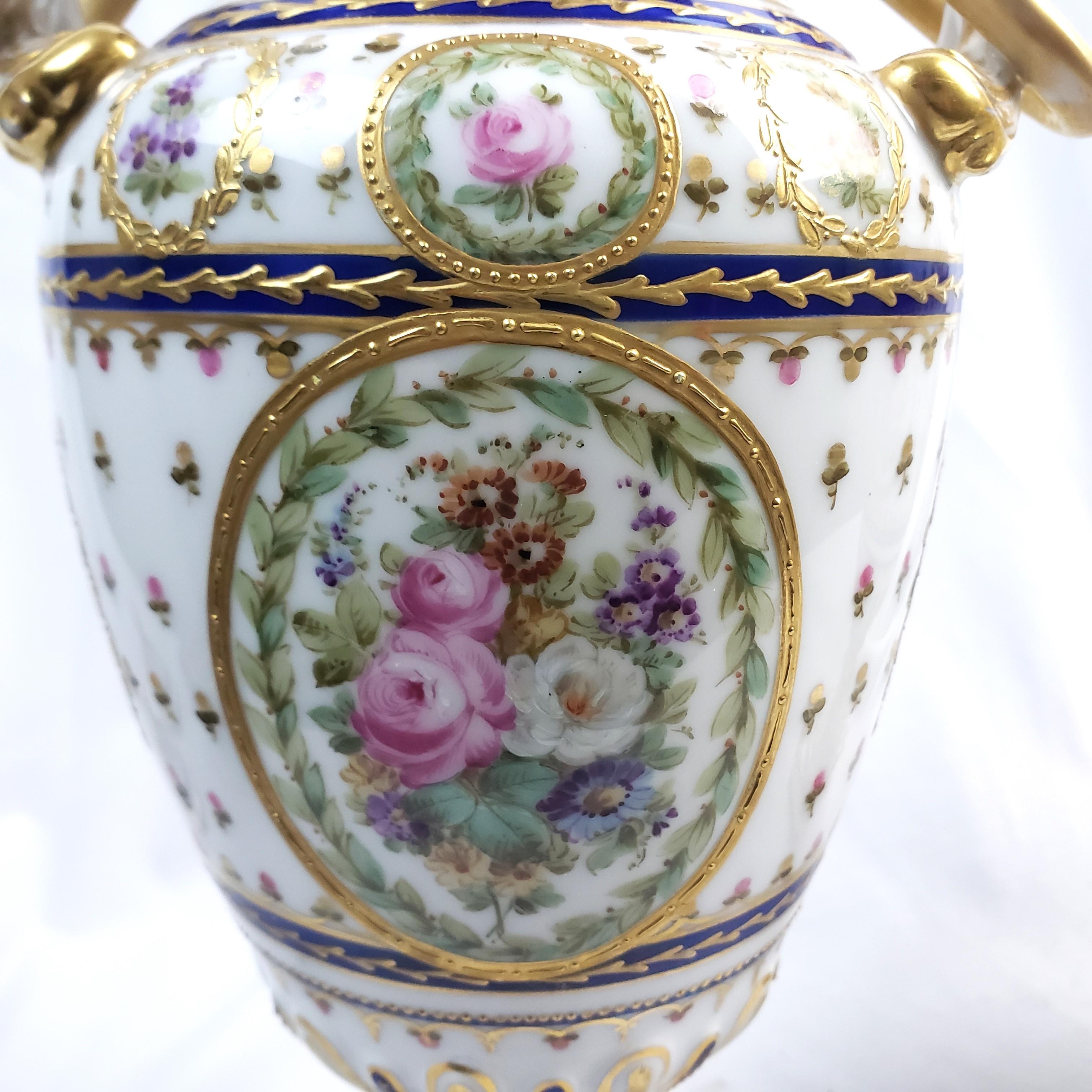 Pair of Antique Sevres Styled Covered Urns with Ornate Hand-Painted Decoration For Sale 7