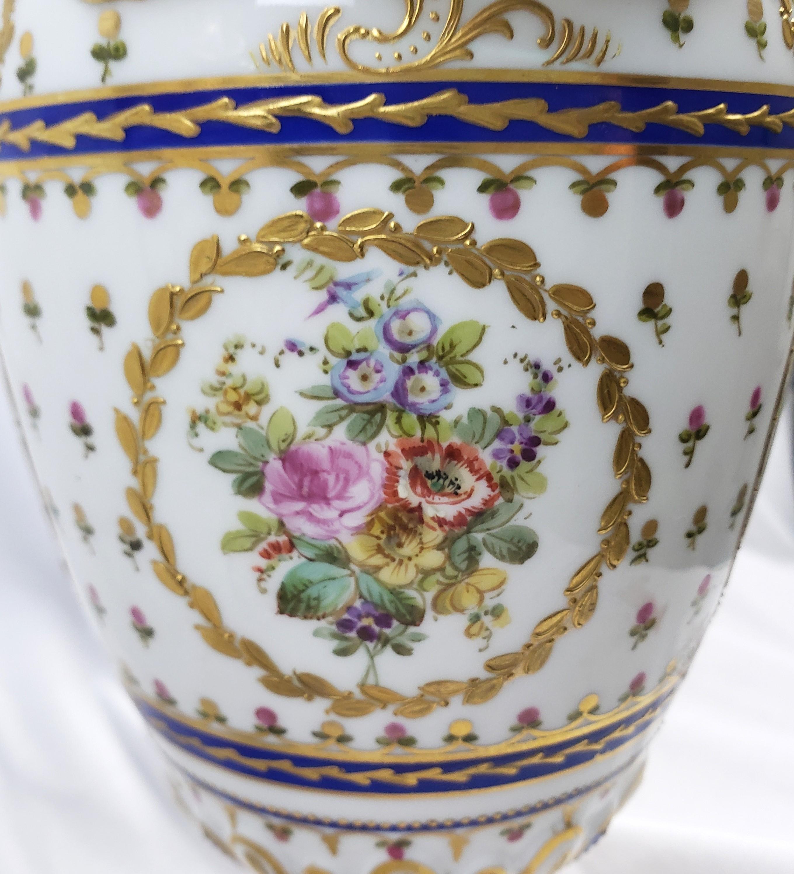 Pair of Antique Sevres Styled Covered Urns with Ornate Hand-Painted Decoration For Sale 8