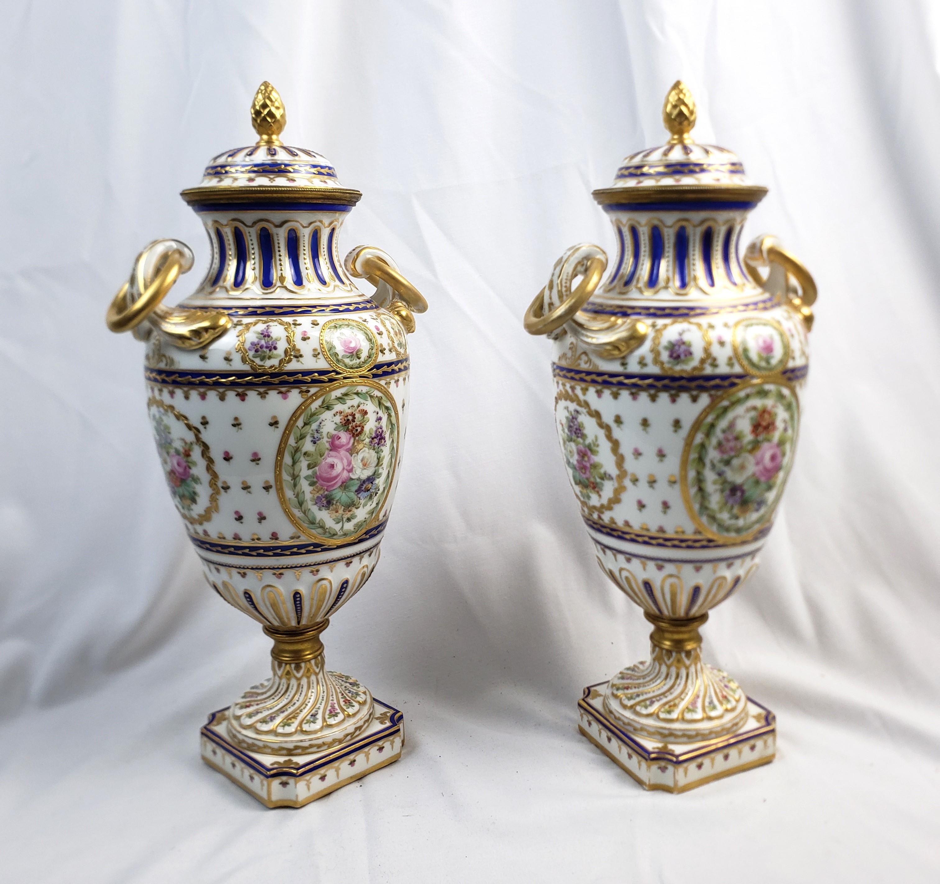Renaissance Pair of Antique Sevres Styled Covered Urns with Ornate Hand-Painted Decoration For Sale