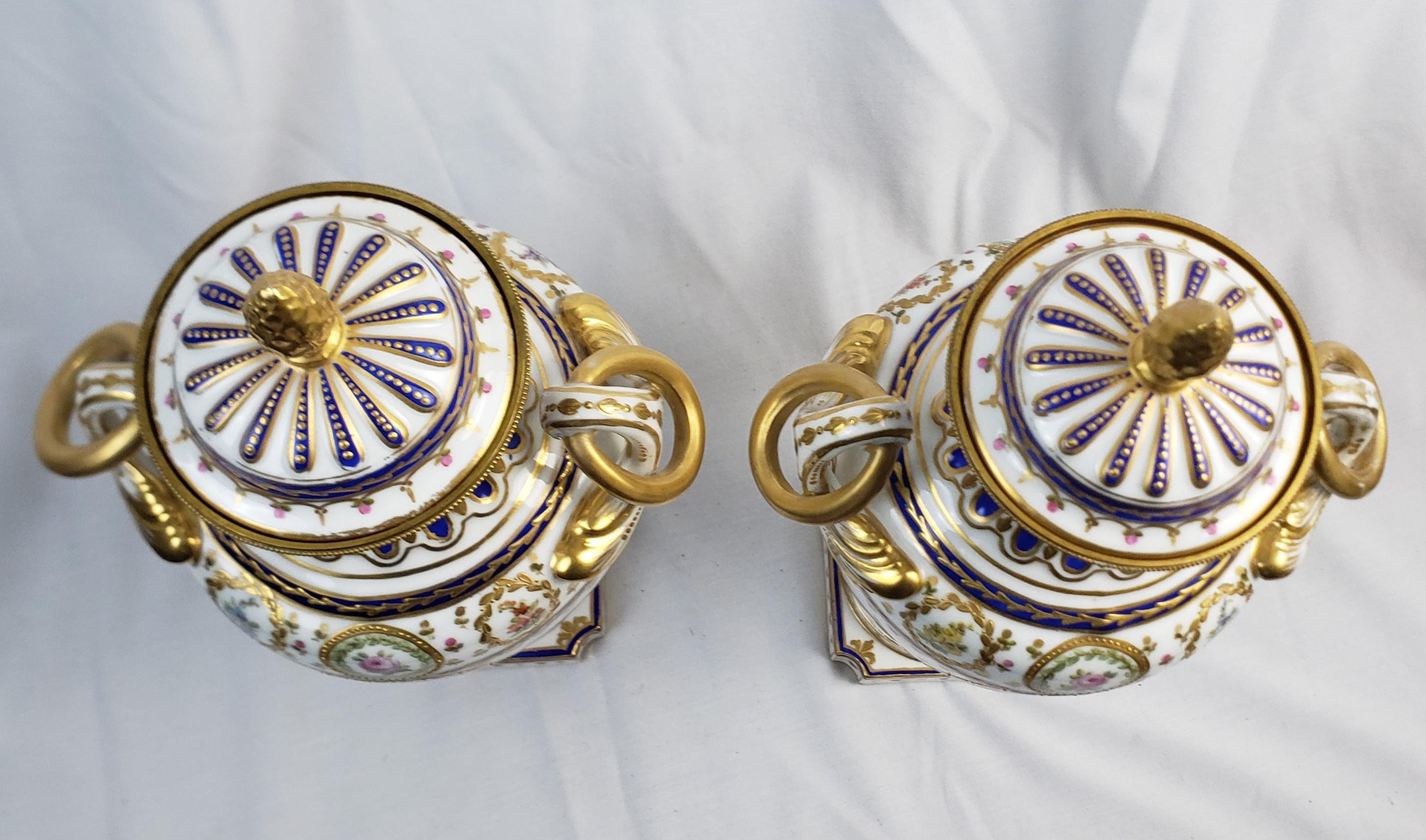 Pair of Antique Sevres Styled Covered Urns with Ornate Hand-Painted Decoration For Sale 1