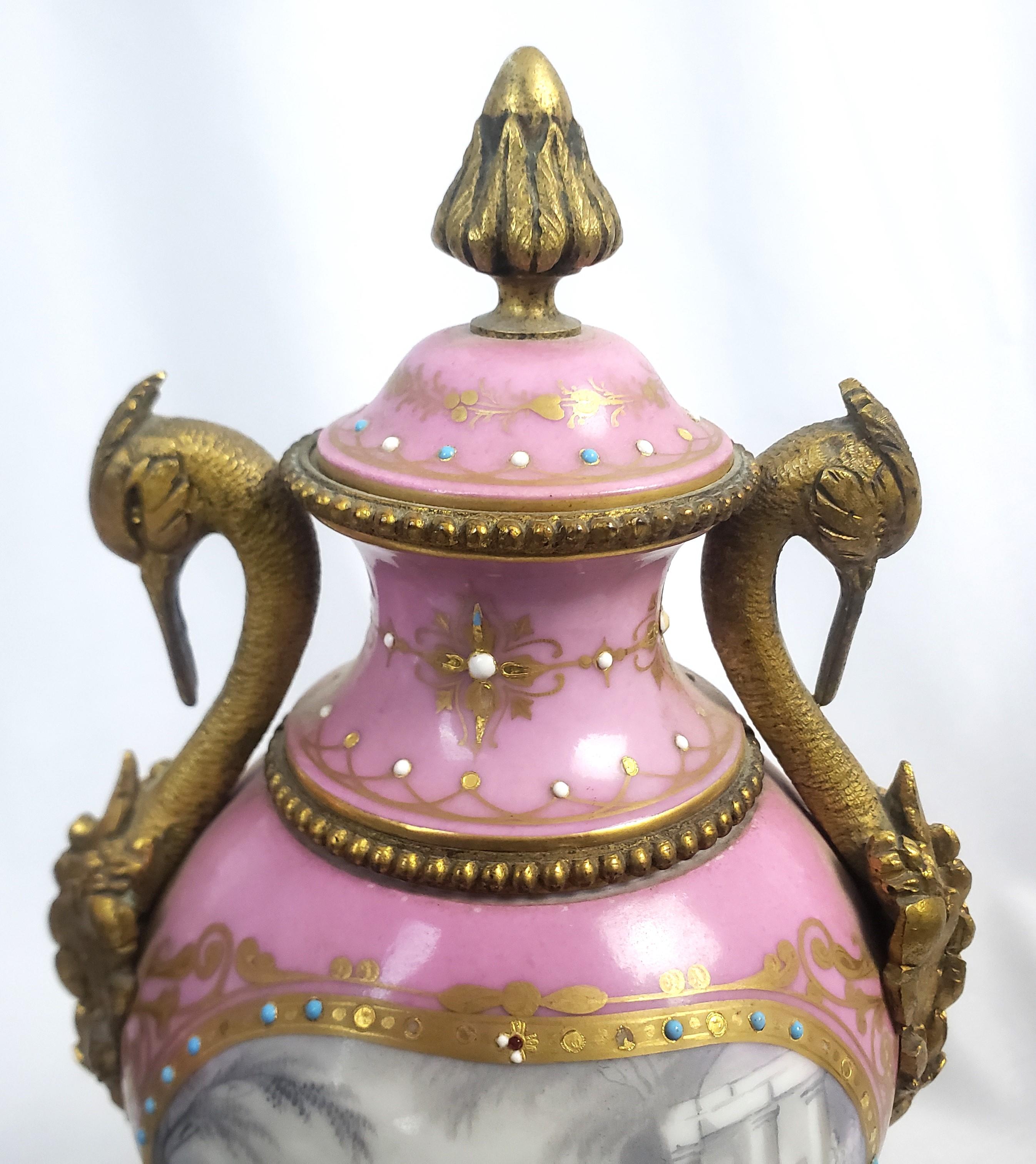 Pair of Antique Sevres Styled Porcelain & Ornate Gilt Bronze Garnitures For Sale 3